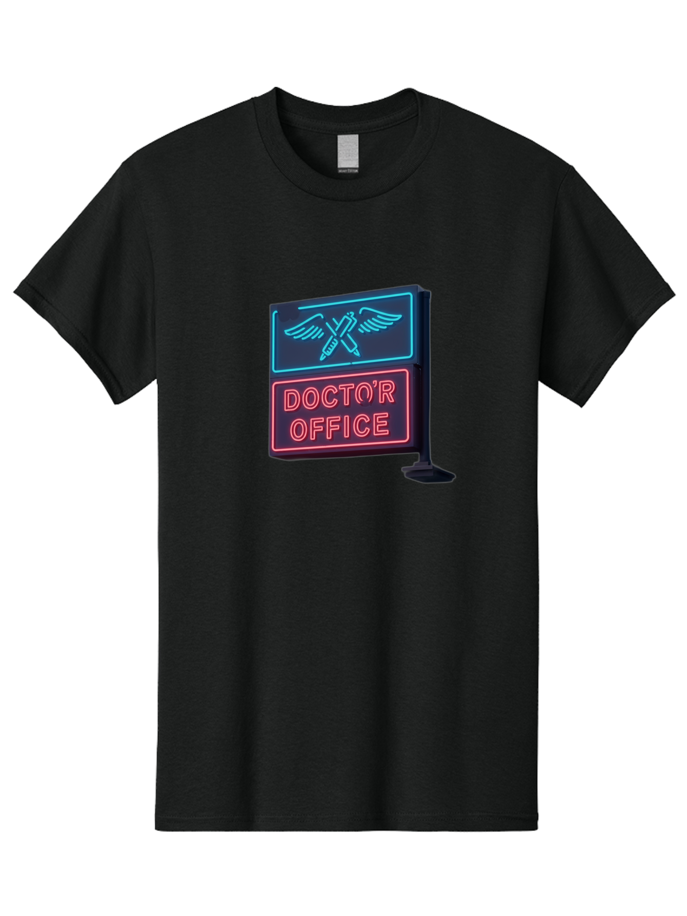 Doctor-S-Office-Neon-Sign Men'S Graphic Tee, 100% Cotton, Comfortable Casual Summer Wear, Machine Washable, Neon Sign, Doctor'S Office Sign, Medical Symbol, Crossed Syringes, Winged Design, Clinic Signage, Medical Office Decor, Baa481