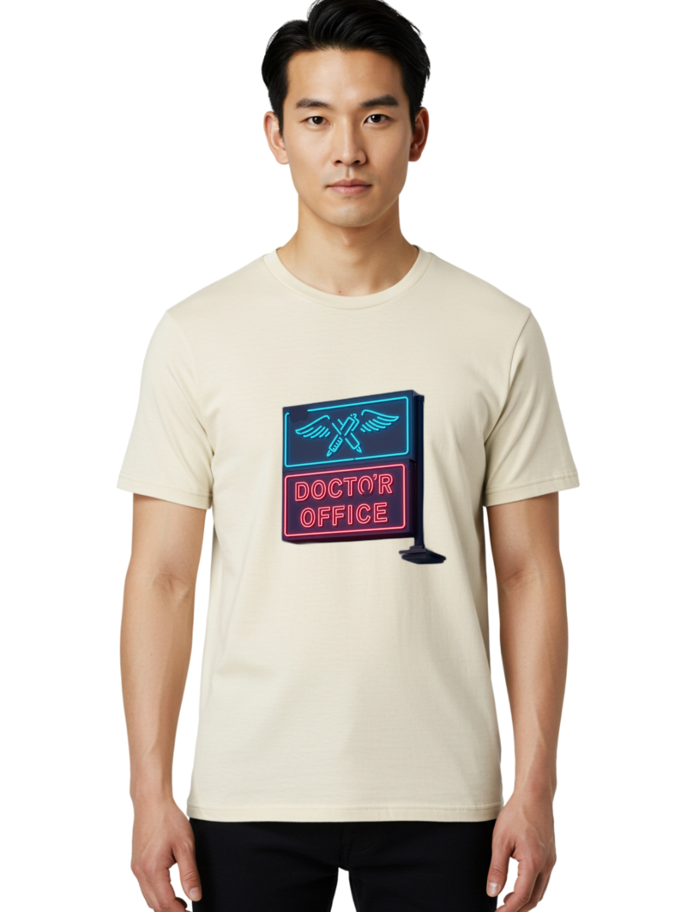 Doctor-S-Office-Neon-Sign Men'S Graphic Tee, 100% Cotton, Comfortable Casual Summer Wear, Machine Washable, Neon Sign, Doctor'S Office Sign, Medical Symbol, Crossed Syringes, Winged Design, Clinic Signage, Medical Office Decor, Baa481