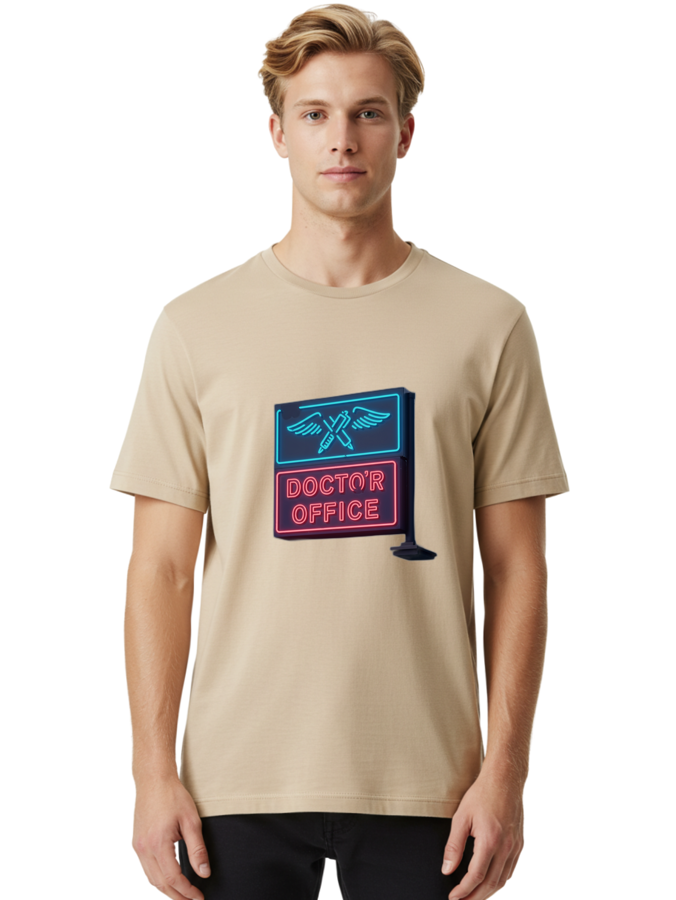 Doctor-S-Office-Neon-Sign Men'S Graphic Tee, 100% Cotton, Comfortable Casual Summer Wear, Machine Washable, Neon Sign, Doctor'S Office Sign, Medical Symbol, Crossed Syringes, Winged Design, Clinic Signage, Medical Office Decor, Baa481