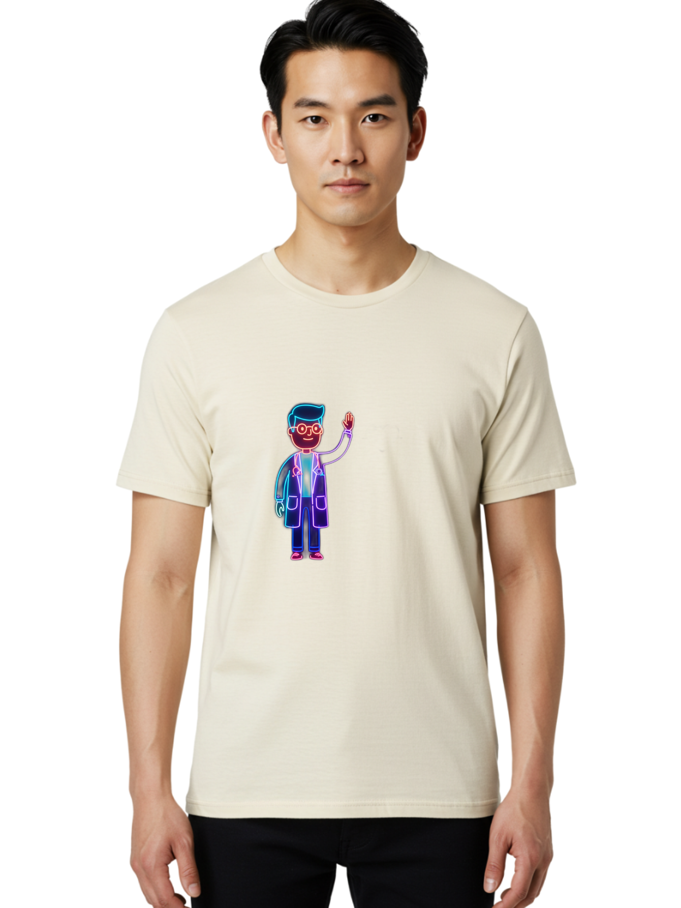 Doctor-Wave Men'S Graphic Tee, 100% Cotton, Comfortable Casual Summer Wear, Machine Washable, Cartoon Doctor, Medical Professional, Waving Gesture, Stethoscope, White Coat, Friendly Demeanor, Healthcare Worker, Medical Illustration, Baa483