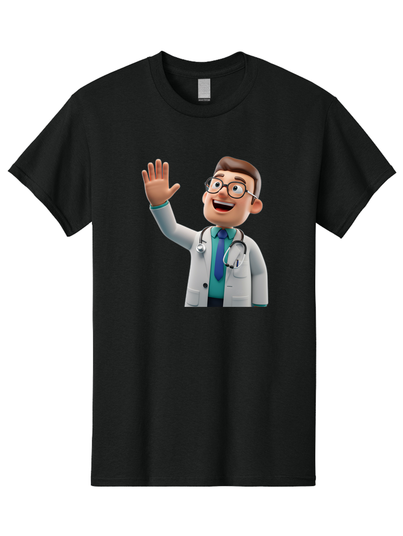 Doctor-Waving-1 Men'S Graphic Tee, 100% Cotton, Comfortable Casual Summer Wear, Machine Washable, Cartoon Doctor, Waving Hand, Friendly Gesture, Medical Professional, Stethoscope Around Neck, White Lab Coat, Blue Tie, Smiling Face, Baa484