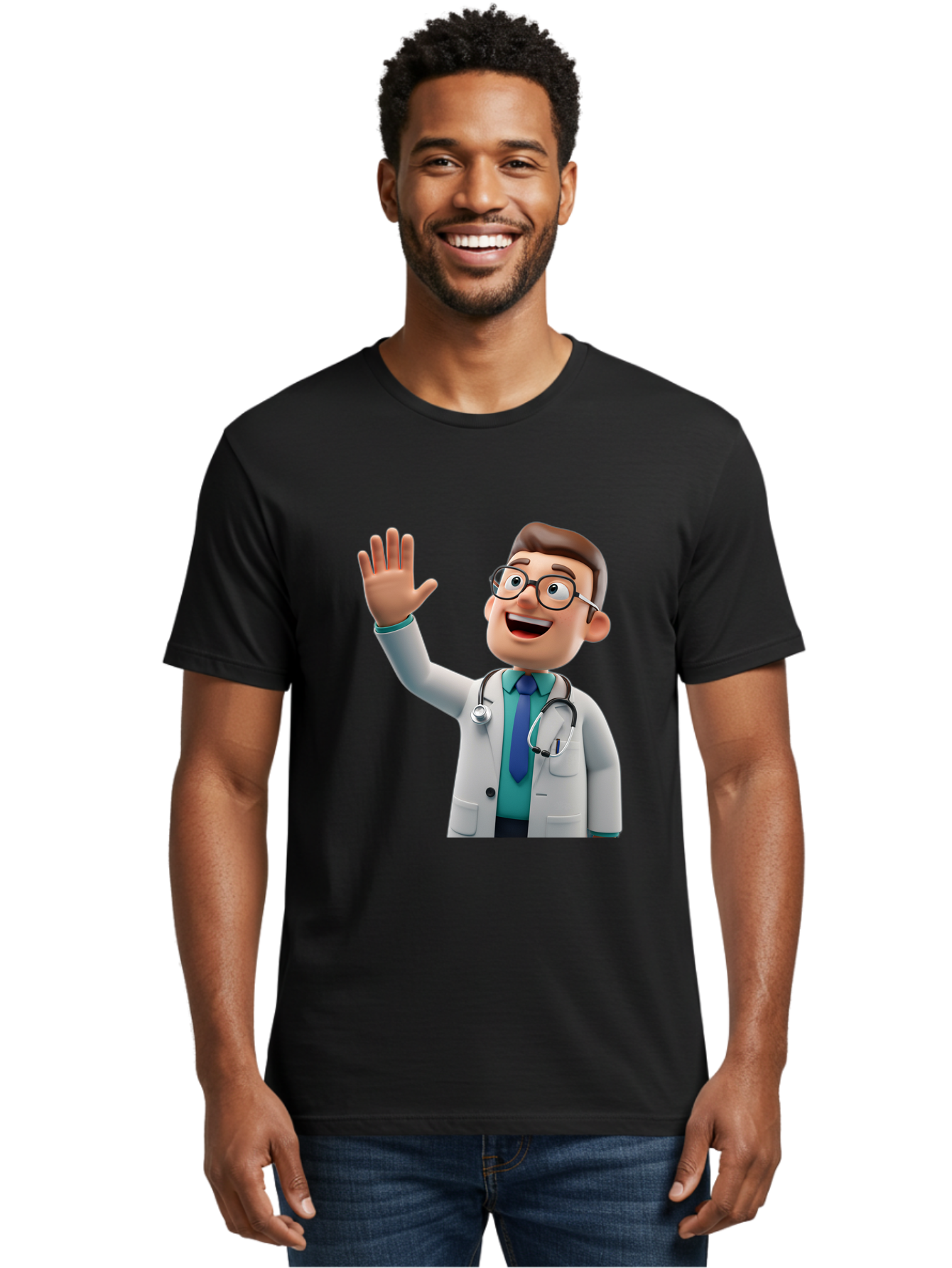 Doctor-Waving-1 Men'S Graphic Tee, 100% Cotton, Comfortable Casual Summer Wear, Machine Washable, Cartoon Doctor, Waving Hand, Friendly Gesture, Medical Professional, Stethoscope Around Neck, White Lab Coat, Blue Tie, Smiling Face, Baa484