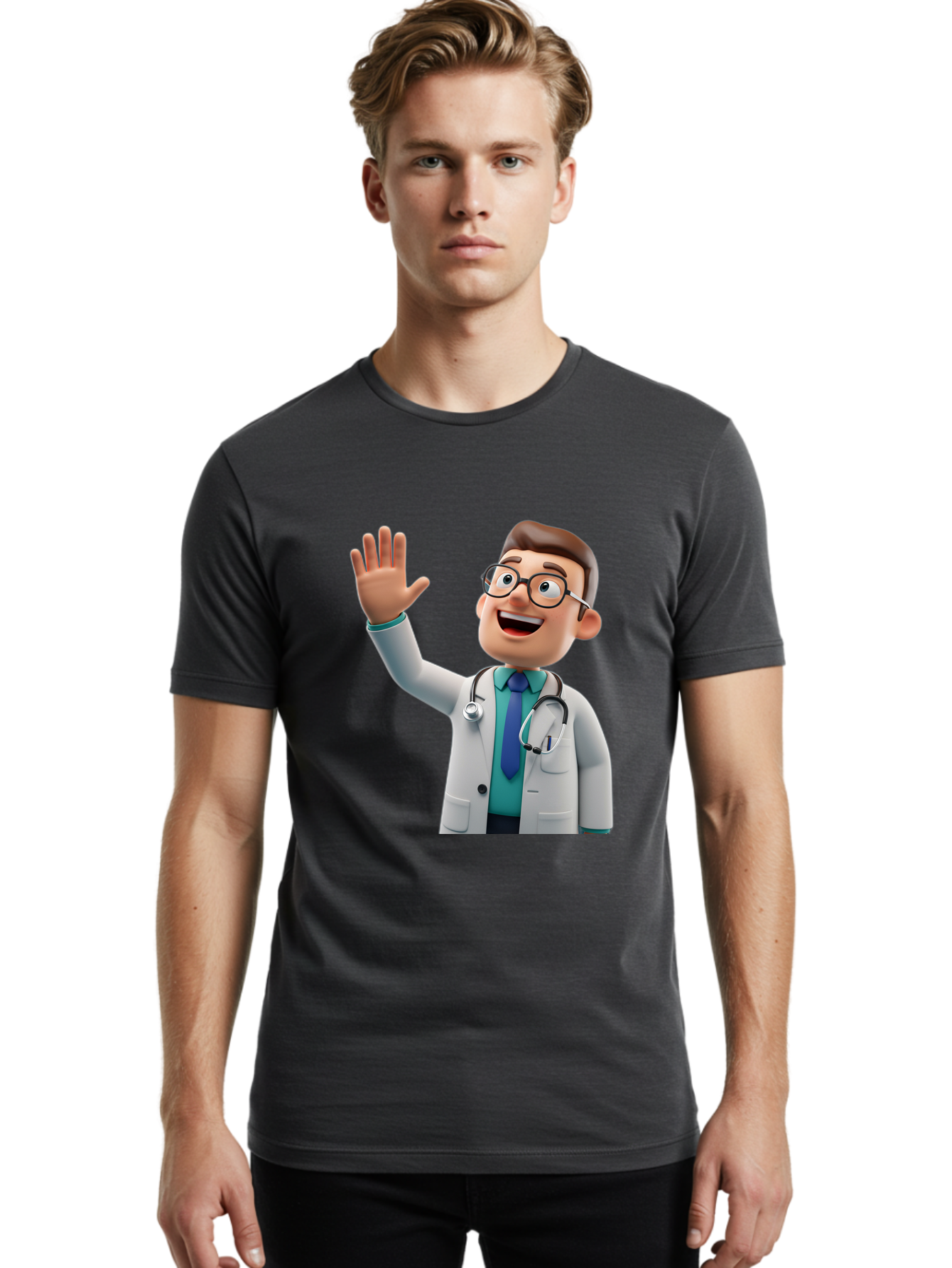 Doctor-Waving-1 Men'S Graphic Tee, 100% Cotton, Comfortable Casual Summer Wear, Machine Washable, Cartoon Doctor, Waving Hand, Friendly Gesture, Medical Professional, Stethoscope Around Neck, White Lab Coat, Blue Tie, Smiling Face, Baa484