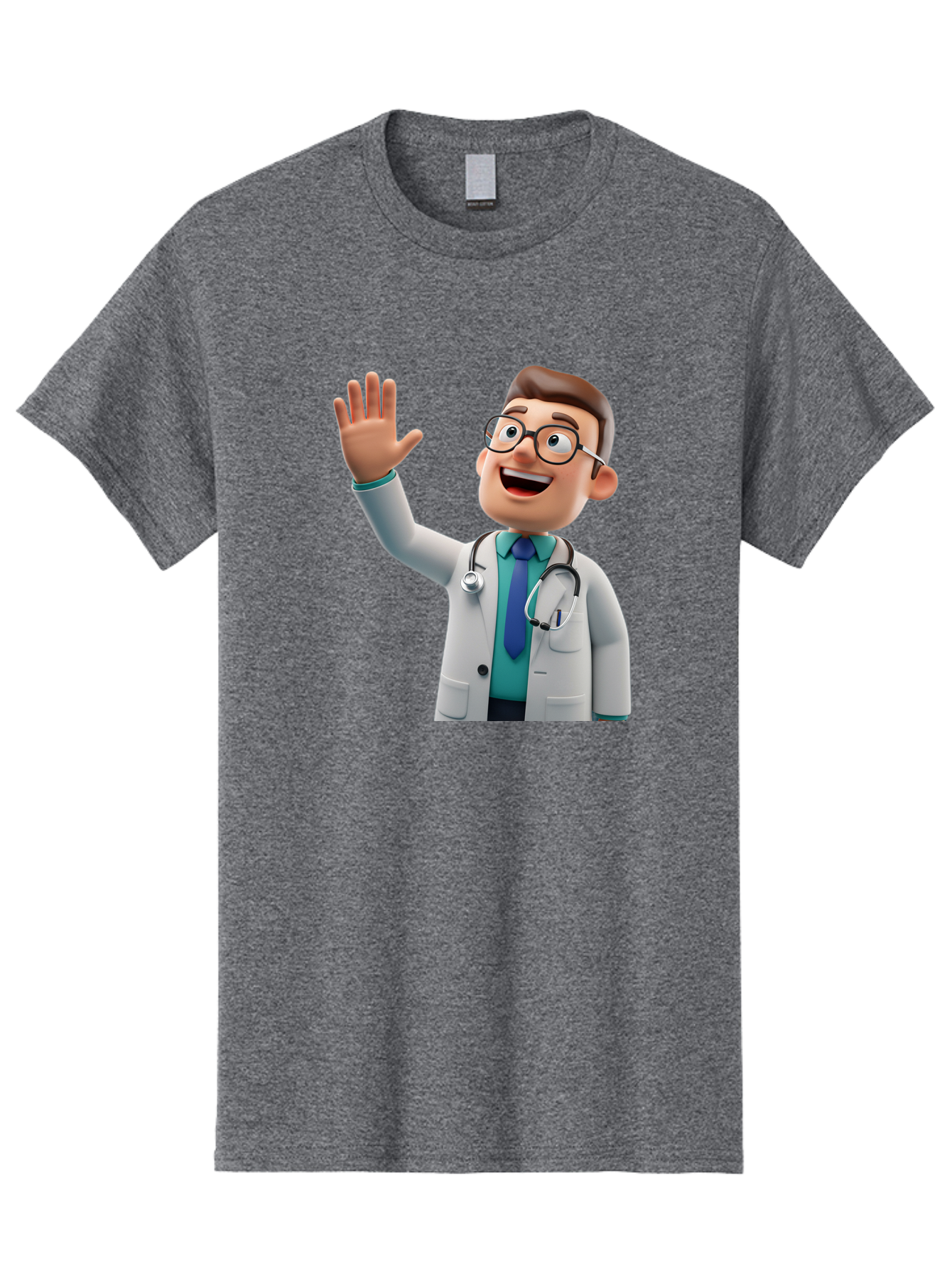 Doctor-Waving-1 Men'S Graphic Tee, 100% Cotton, Comfortable Casual Summer Wear, Machine Washable, Cartoon Doctor, Waving Hand, Friendly Gesture, Medical Professional, Stethoscope Around Neck, White Lab Coat, Blue Tie, Smiling Face, Baa484