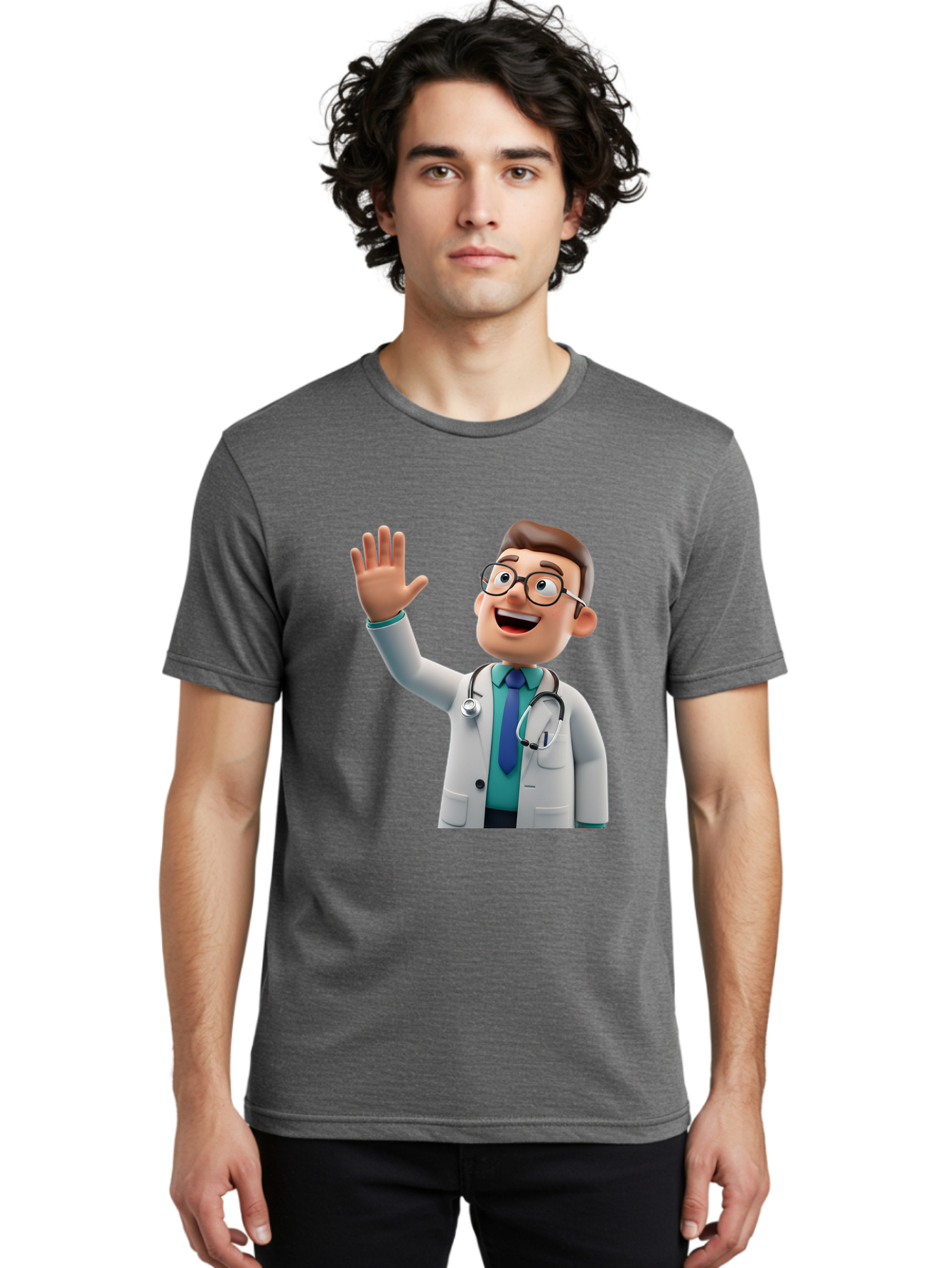 Doctor-Waving-1 Men'S Graphic Tee, 100% Cotton, Comfortable Casual Summer Wear, Machine Washable, Cartoon Doctor, Waving Hand, Friendly Gesture, Medical Professional, Stethoscope Around Neck, White Lab Coat, Blue Tie, Smiling Face, Baa484