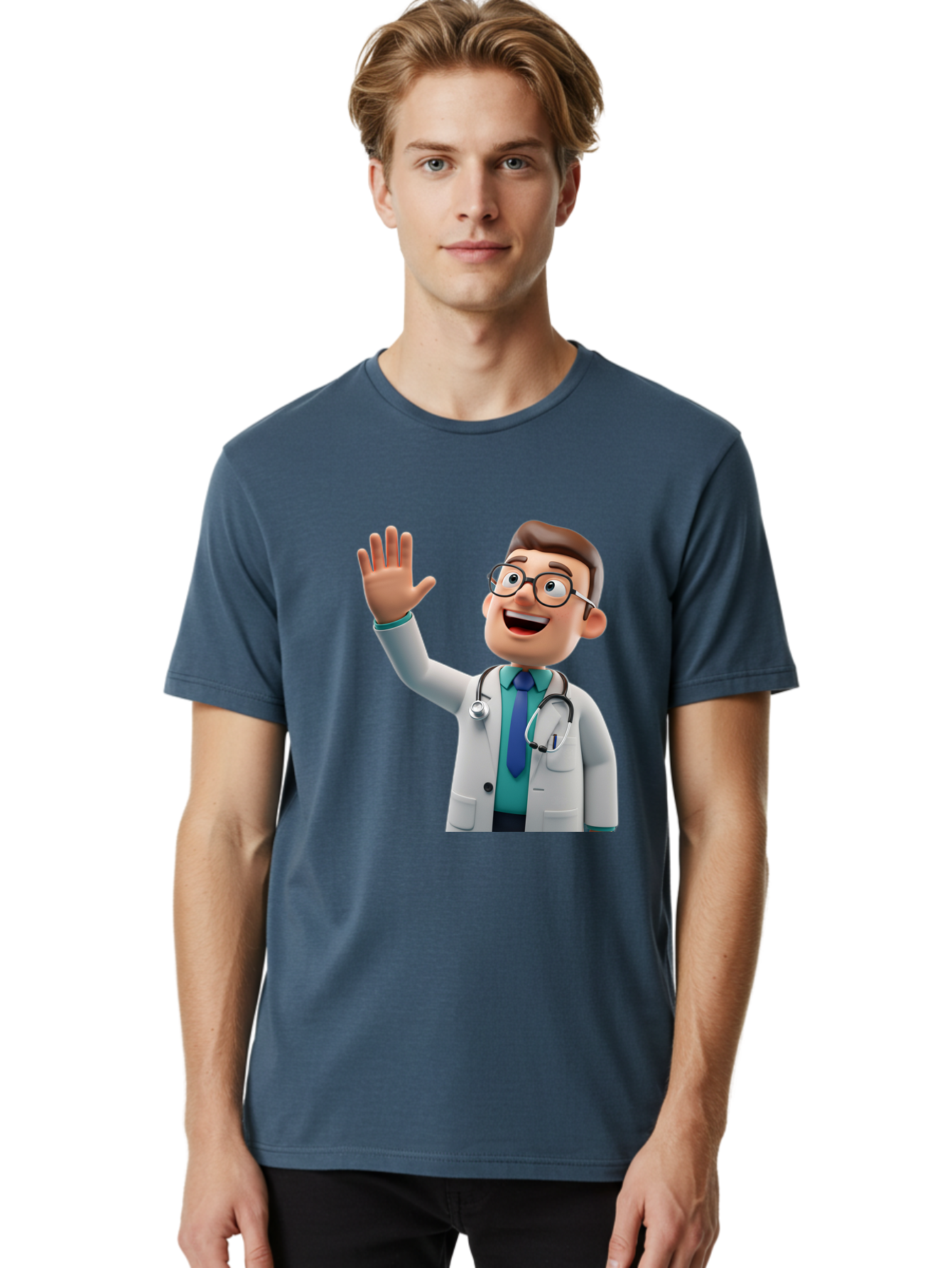 Doctor-Waving-1 Men'S Graphic Tee, 100% Cotton, Comfortable Casual Summer Wear, Machine Washable, Cartoon Doctor, Waving Hand, Friendly Gesture, Medical Professional, Stethoscope Around Neck, White Lab Coat, Blue Tie, Smiling Face, Baa484