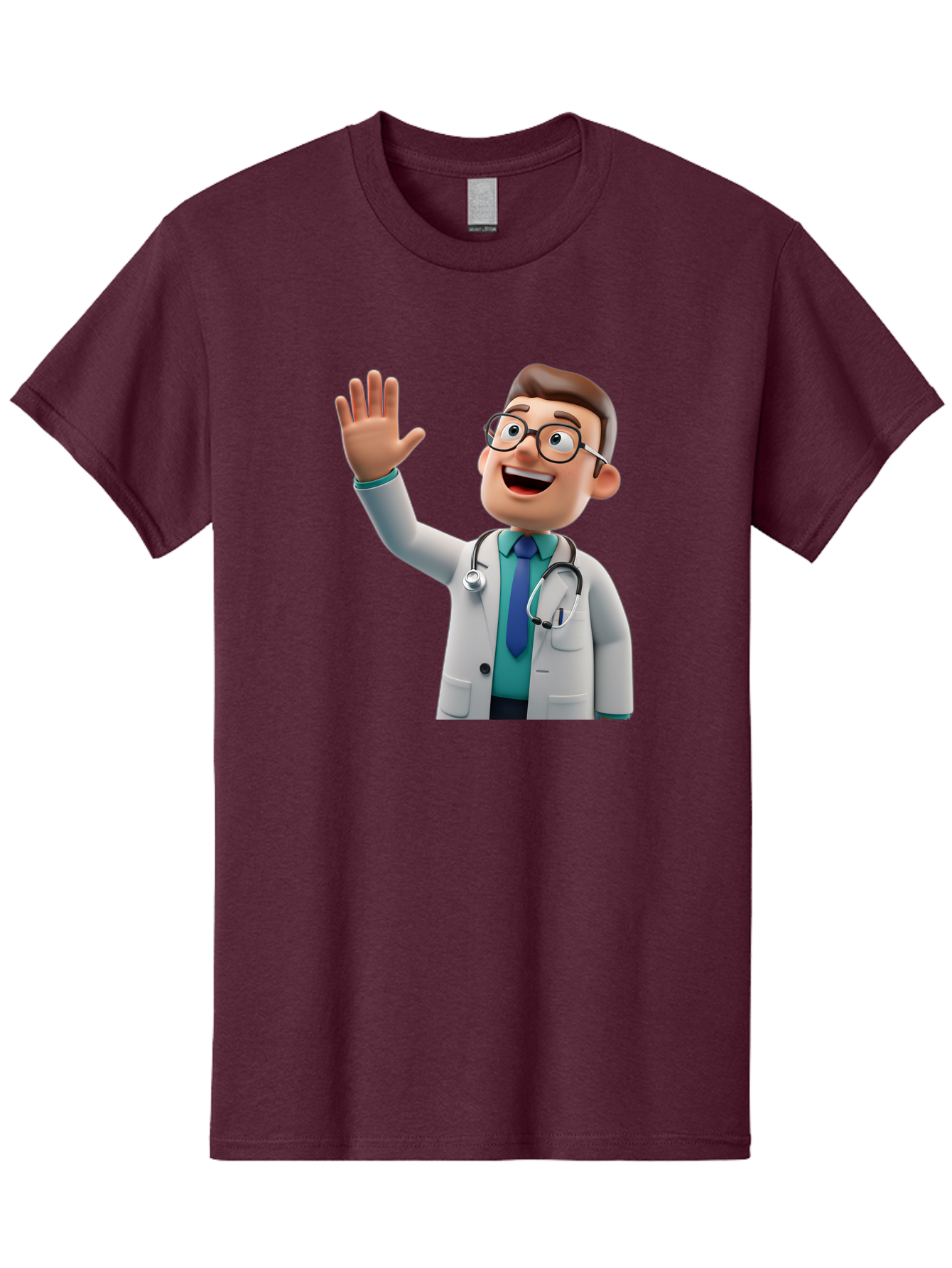 Doctor-Waving-1 Men'S Graphic Tee, 100% Cotton, Comfortable Casual Summer Wear, Machine Washable, Cartoon Doctor, Waving Hand, Friendly Gesture, Medical Professional, Stethoscope Around Neck, White Lab Coat, Blue Tie, Smiling Face, Baa484