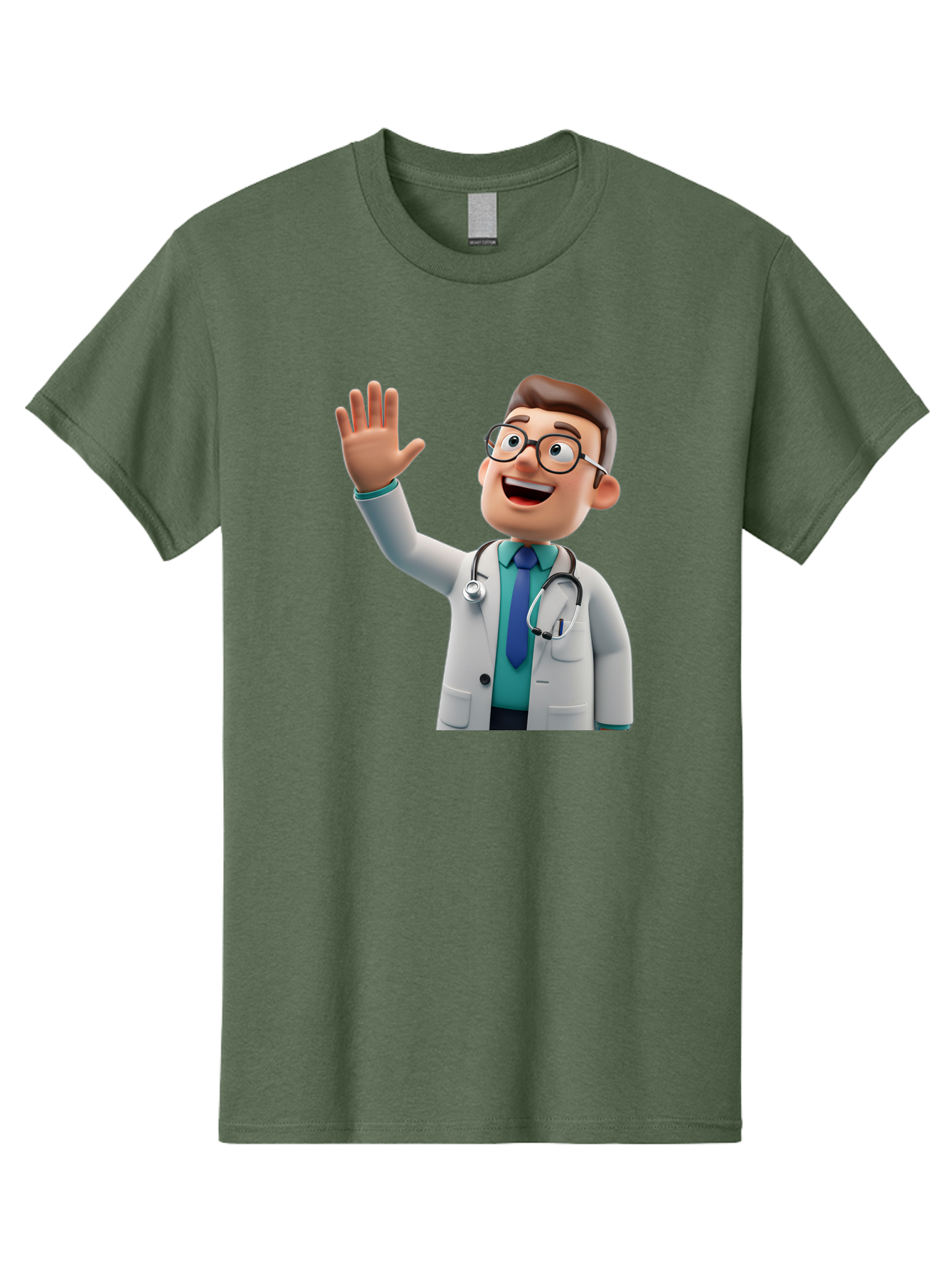 Doctor-Waving-1 Men'S Graphic Tee, 100% Cotton, Comfortable Casual Summer Wear, Machine Washable, Cartoon Doctor, Waving Hand, Friendly Gesture, Medical Professional, Stethoscope Around Neck, White Lab Coat, Blue Tie, Smiling Face, Baa484