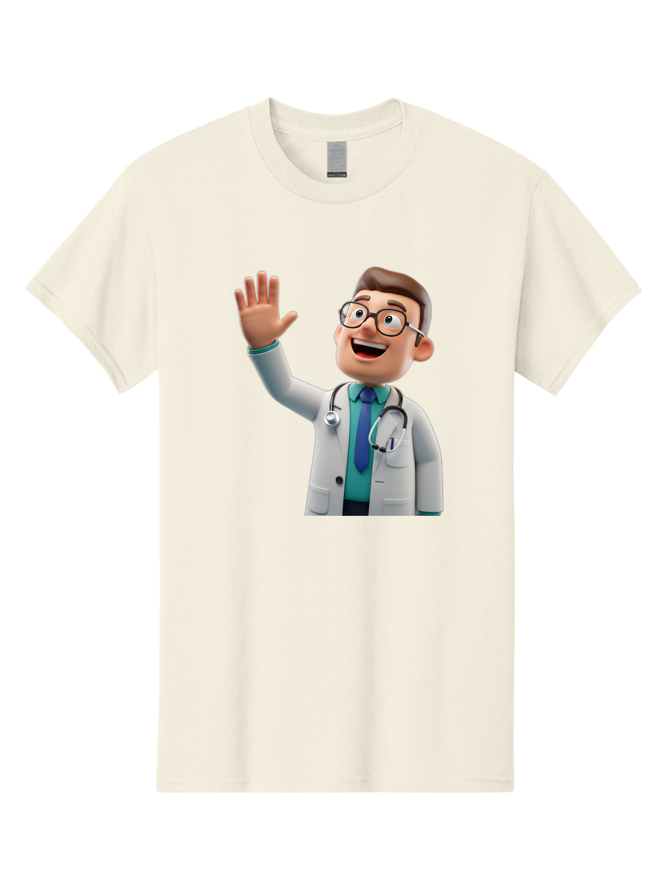 Doctor-Waving-1 Men'S Graphic Tee, 100% Cotton, Comfortable Casual Summer Wear, Machine Washable, Cartoon Doctor, Waving Hand, Friendly Gesture, Medical Professional, Stethoscope Around Neck, White Lab Coat, Blue Tie, Smiling Face, Baa484