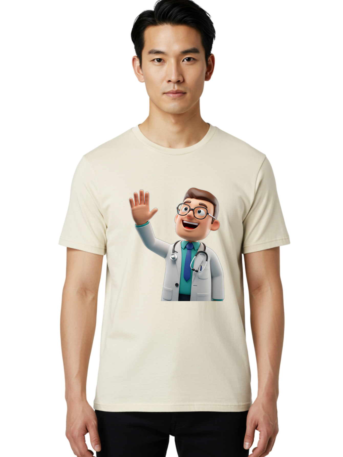 Doctor-Waving-1 Men'S Graphic Tee, 100% Cotton, Comfortable Casual Summer Wear, Machine Washable, Cartoon Doctor, Waving Hand, Friendly Gesture, Medical Professional, Stethoscope Around Neck, White Lab Coat, Blue Tie, Smiling Face, Baa484