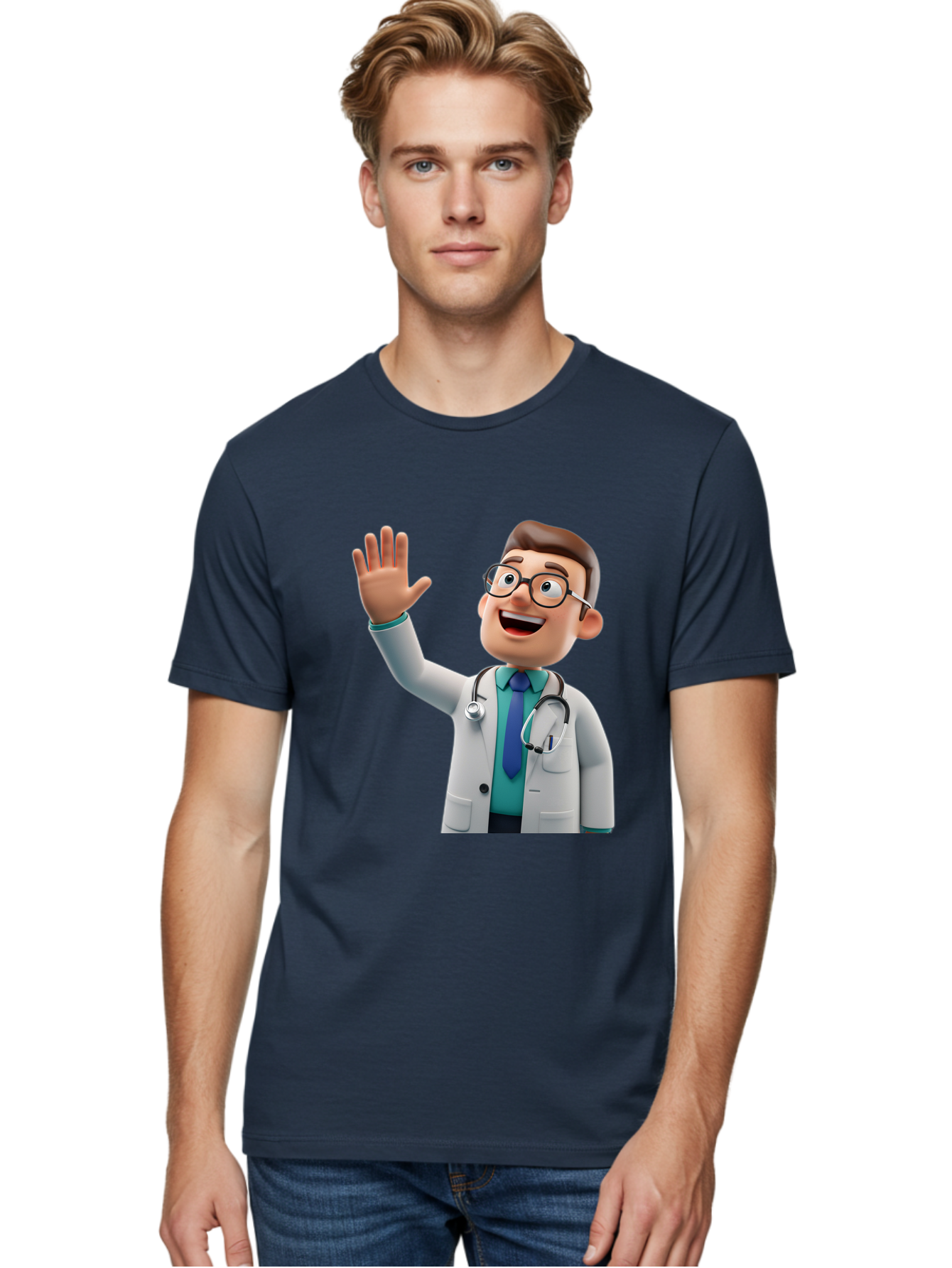 Doctor-Waving-1 Men'S Graphic Tee, 100% Cotton, Comfortable Casual Summer Wear, Machine Washable, Cartoon Doctor, Waving Hand, Friendly Gesture, Medical Professional, Stethoscope Around Neck, White Lab Coat, Blue Tie, Smiling Face, Baa484