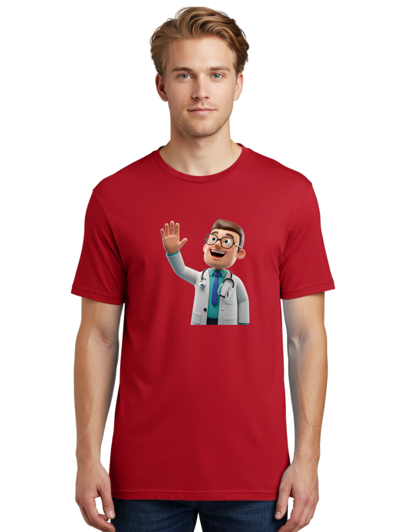 Doctor-Waving-1 Men'S Graphic Tee, 100% Cotton, Comfortable Casual Summer Wear, Machine Washable, Cartoon Doctor, Waving Hand, Friendly Gesture, Medical Professional, Stethoscope Around Neck, White Lab Coat, Blue Tie, Smiling Face, Baa484