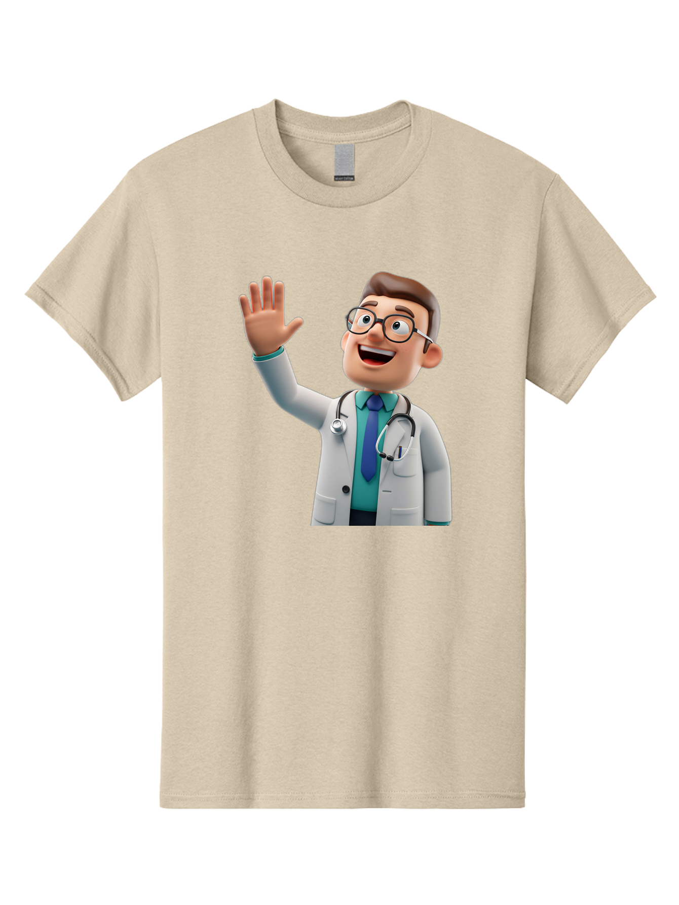 Doctor-Waving-1 Men'S Graphic Tee, 100% Cotton, Comfortable Casual Summer Wear, Machine Washable, Cartoon Doctor, Waving Hand, Friendly Gesture, Medical Professional, Stethoscope Around Neck, White Lab Coat, Blue Tie, Smiling Face, Baa484