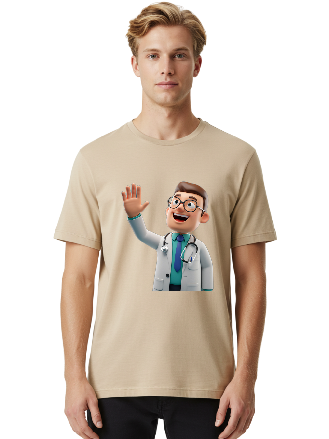 Doctor-Waving-1 Men'S Graphic Tee, 100% Cotton, Comfortable Casual Summer Wear, Machine Washable, Cartoon Doctor, Waving Hand, Friendly Gesture, Medical Professional, Stethoscope Around Neck, White Lab Coat, Blue Tie, Smiling Face, Baa484