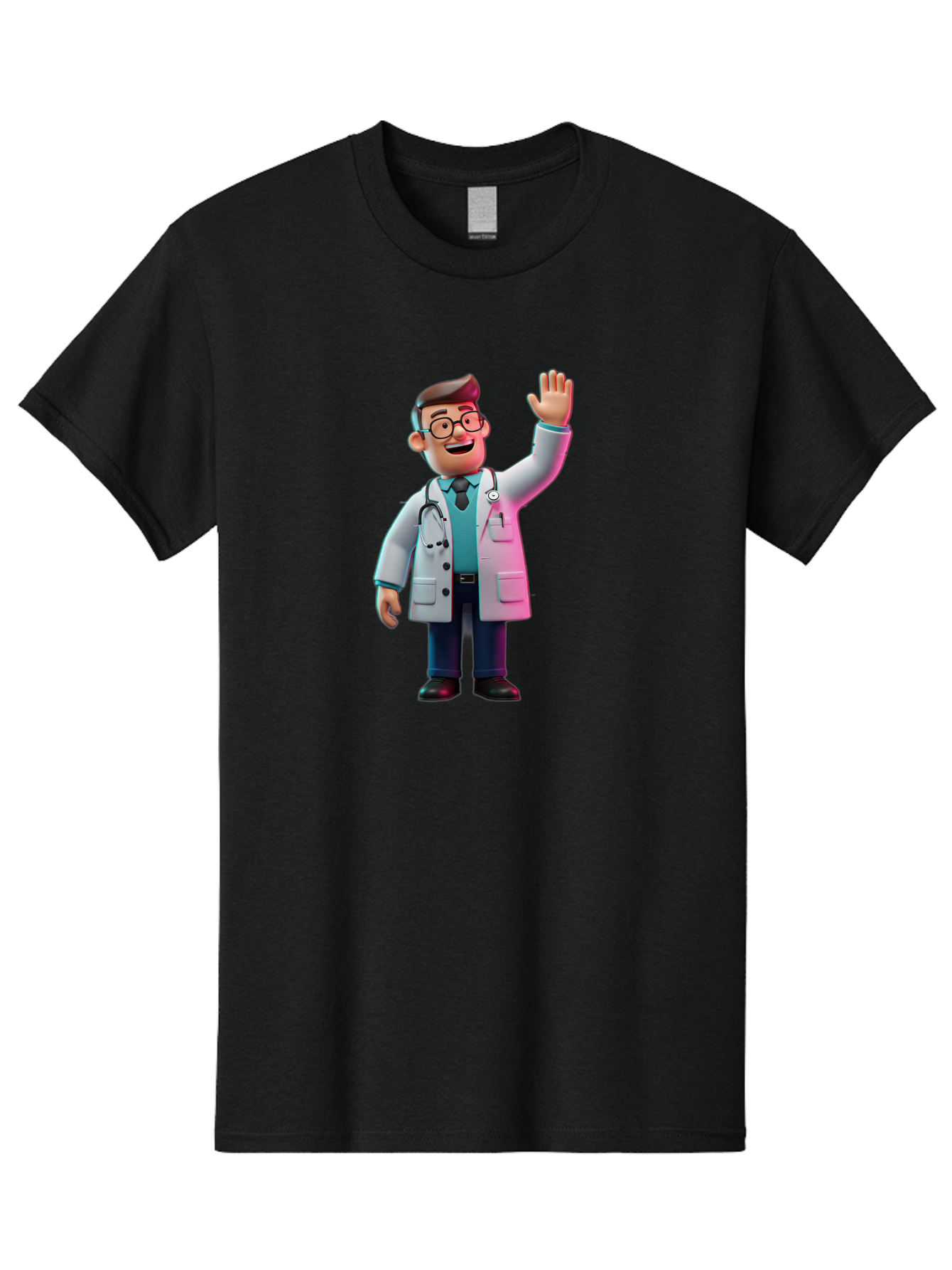 Doctor-Waving-2 Men'S Graphic Tee, 100% Cotton, Comfortable Casual Summer Wear, Machine Washable, Cartoon Doctor, 3D Illustration, Male Physician, Stethoscope Around Neck, White Lab Coat, Friendly Wave, Medical Professional, Healthcare Worker, Baa485