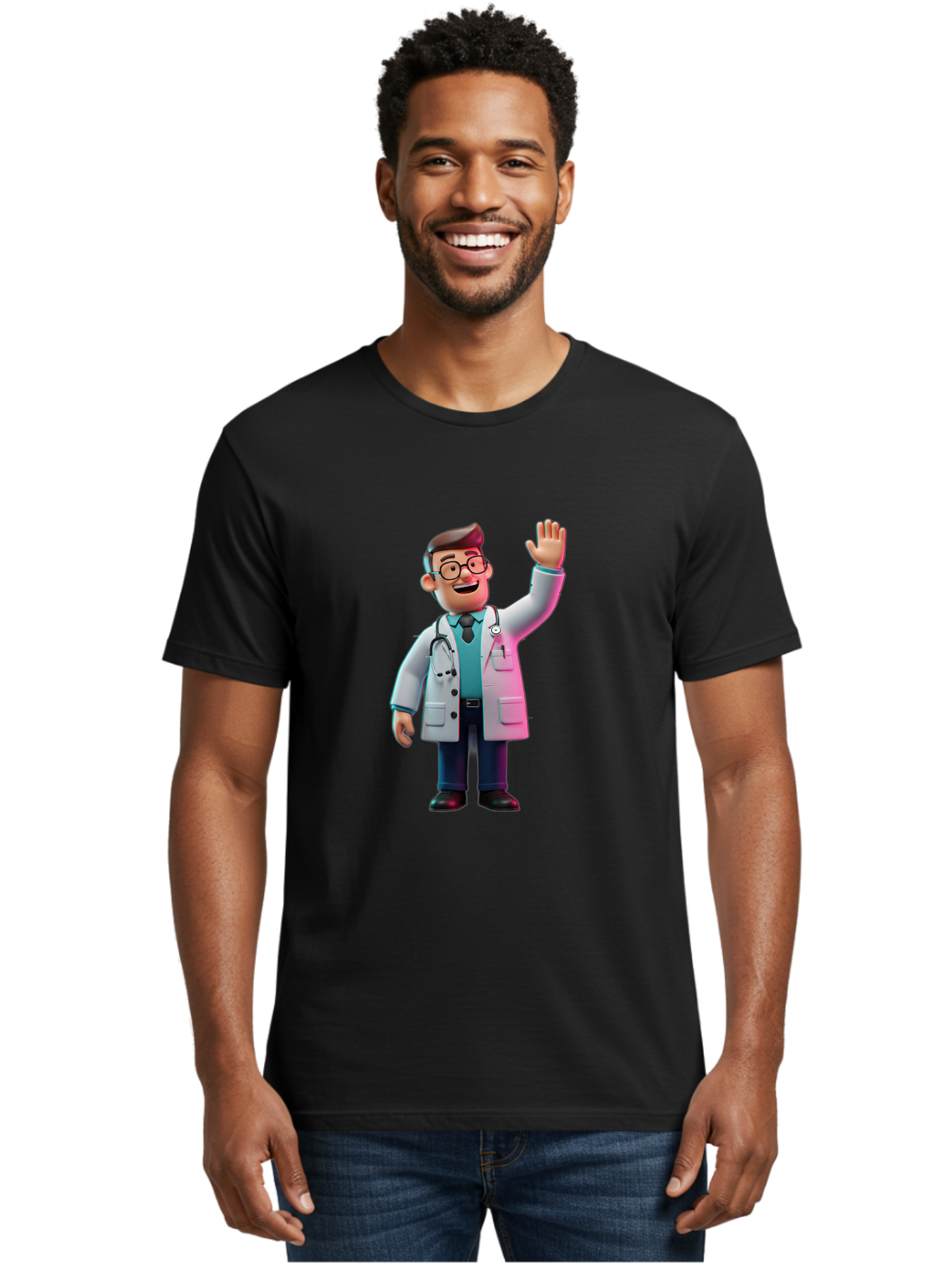 Doctor-Waving-2 Men'S Graphic Tee, 100% Cotton, Comfortable Casual Summer Wear, Machine Washable, Cartoon Doctor, 3D Illustration, Male Physician, Stethoscope Around Neck, White Lab Coat, Friendly Wave, Medical Professional, Healthcare Worker, Baa485