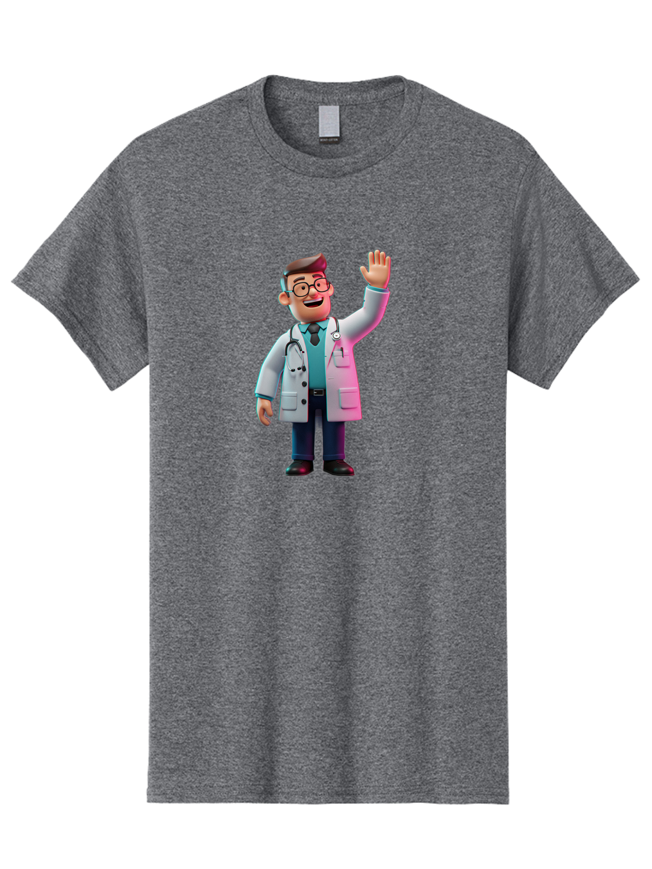 Doctor-Waving-2 Men'S Graphic Tee, 100% Cotton, Comfortable Casual Summer Wear, Machine Washable, Cartoon Doctor, 3D Illustration, Male Physician, Stethoscope Around Neck, White Lab Coat, Friendly Wave, Medical Professional, Healthcare Worker, Baa485