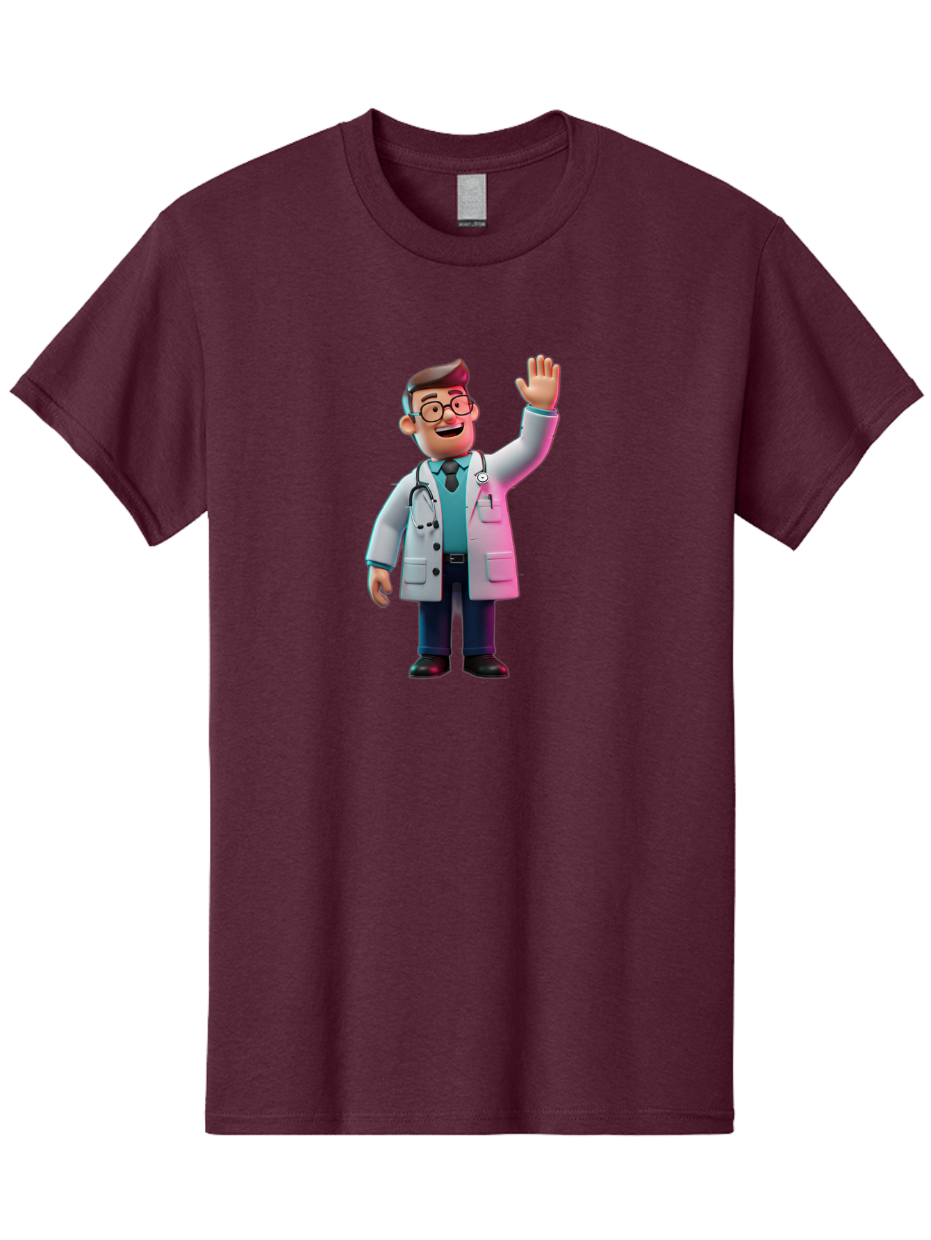 Doctor-Waving-2 Men'S Graphic Tee, 100% Cotton, Comfortable Casual Summer Wear, Machine Washable, Cartoon Doctor, 3D Illustration, Male Physician, Stethoscope Around Neck, White Lab Coat, Friendly Wave, Medical Professional, Healthcare Worker, Baa485