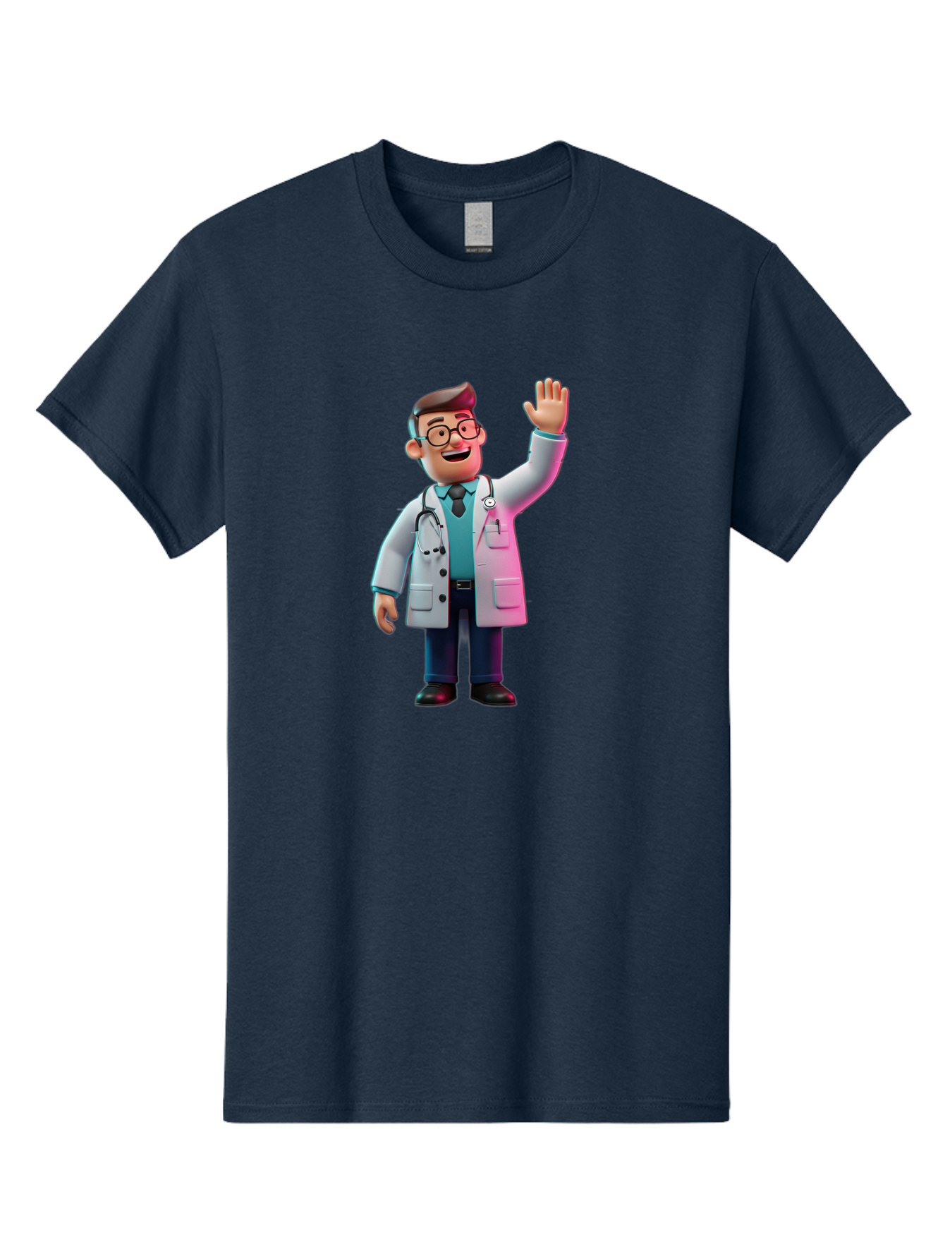 Doctor-Waving-2 Men'S Graphic Tee, 100% Cotton, Comfortable Casual Summer Wear, Machine Washable, Cartoon Doctor, 3D Illustration, Male Physician, Stethoscope Around Neck, White Lab Coat, Friendly Wave, Medical Professional, Healthcare Worker, Baa485