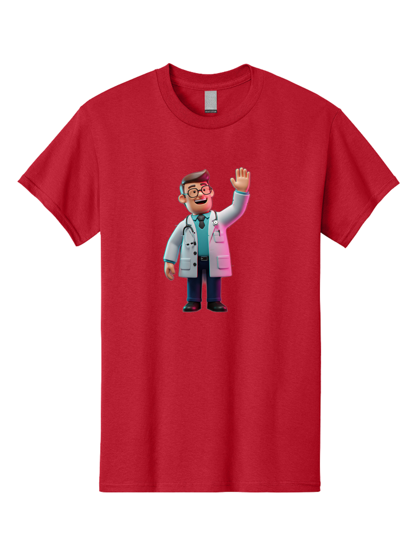 Doctor-Waving-2 Men'S Graphic Tee, 100% Cotton, Comfortable Casual Summer Wear, Machine Washable, Cartoon Doctor, 3D Illustration, Male Physician, Stethoscope Around Neck, White Lab Coat, Friendly Wave, Medical Professional, Healthcare Worker, Baa485