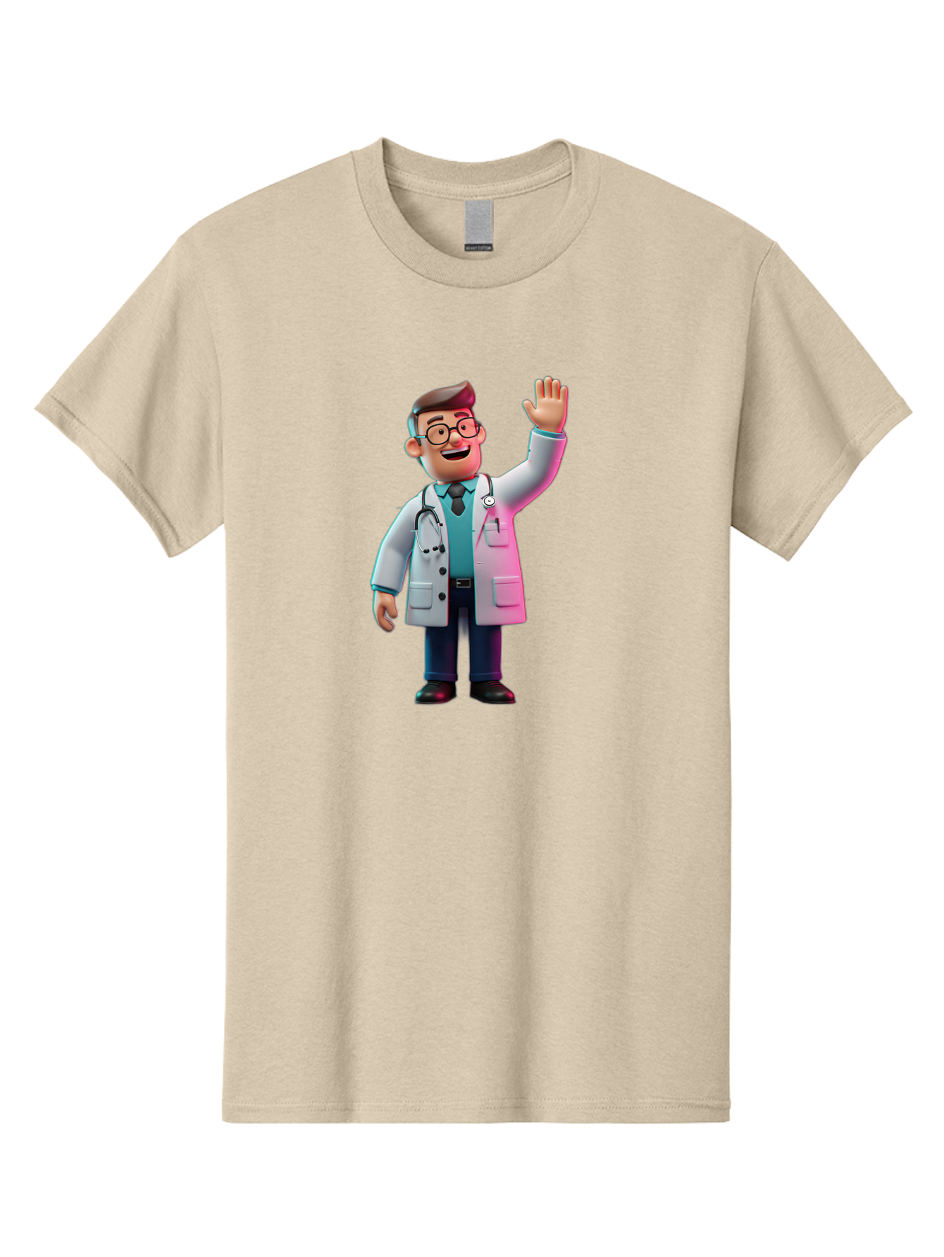 Doctor-Waving-2 Men'S Graphic Tee, 100% Cotton, Comfortable Casual Summer Wear, Machine Washable, Cartoon Doctor, 3D Illustration, Male Physician, Stethoscope Around Neck, White Lab Coat, Friendly Wave, Medical Professional, Healthcare Worker, Baa485