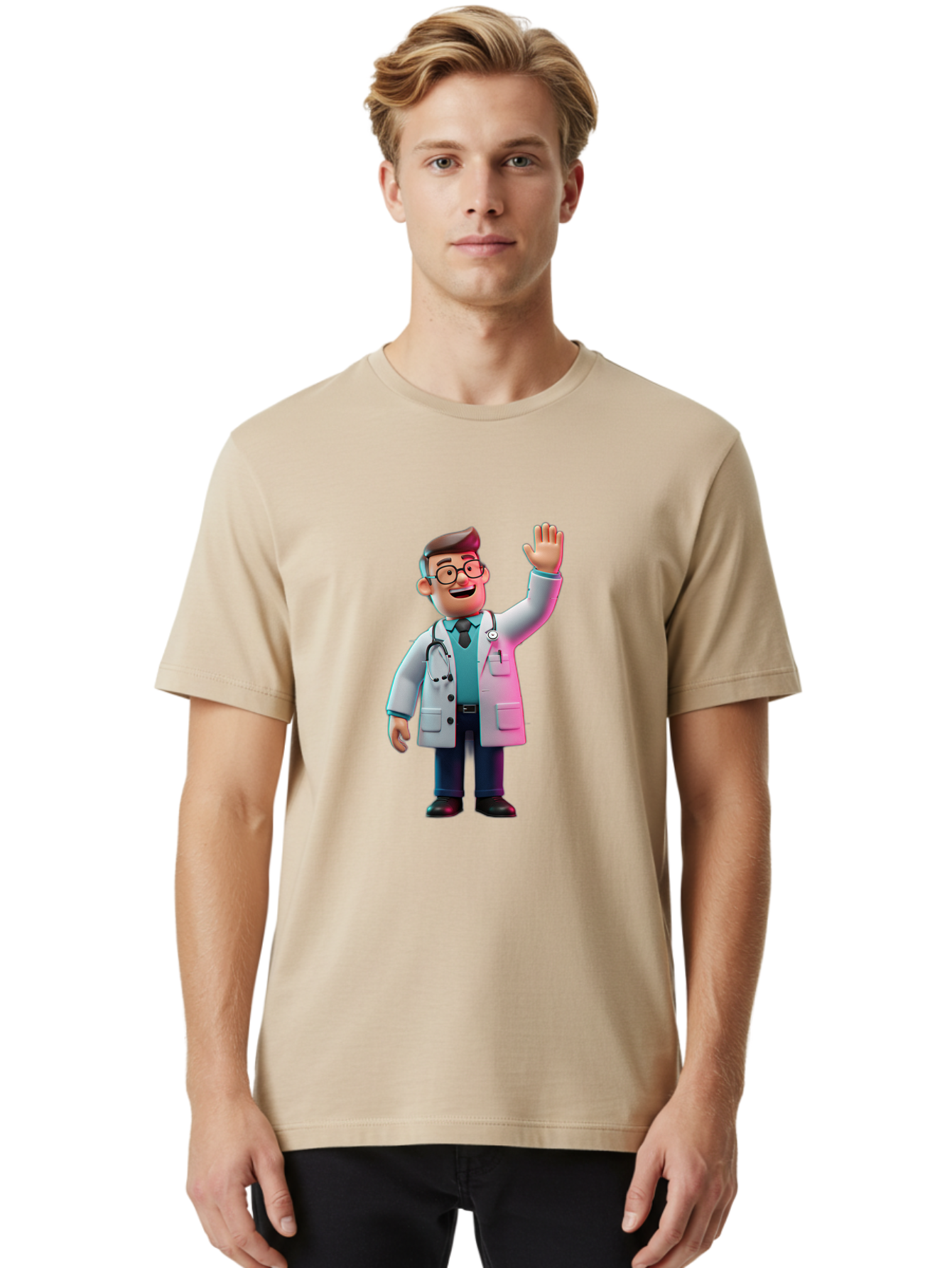 Doctor-Waving-2 Men'S Graphic Tee, 100% Cotton, Comfortable Casual Summer Wear, Machine Washable, Cartoon Doctor, 3D Illustration, Male Physician, Stethoscope Around Neck, White Lab Coat, Friendly Wave, Medical Professional, Healthcare Worker, Baa485