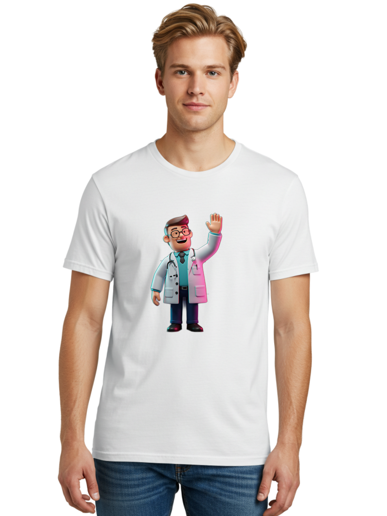 Doctor-Waving-2 Men'S Graphic Tee, 100% Cotton, Comfortable Casual Summer Wear, Machine Washable, Cartoon Doctor, 3D Illustration, Male Physician, Stethoscope Around Neck, White Lab Coat, Friendly Wave, Medical Professional, Healthcare Worker, Baa485
