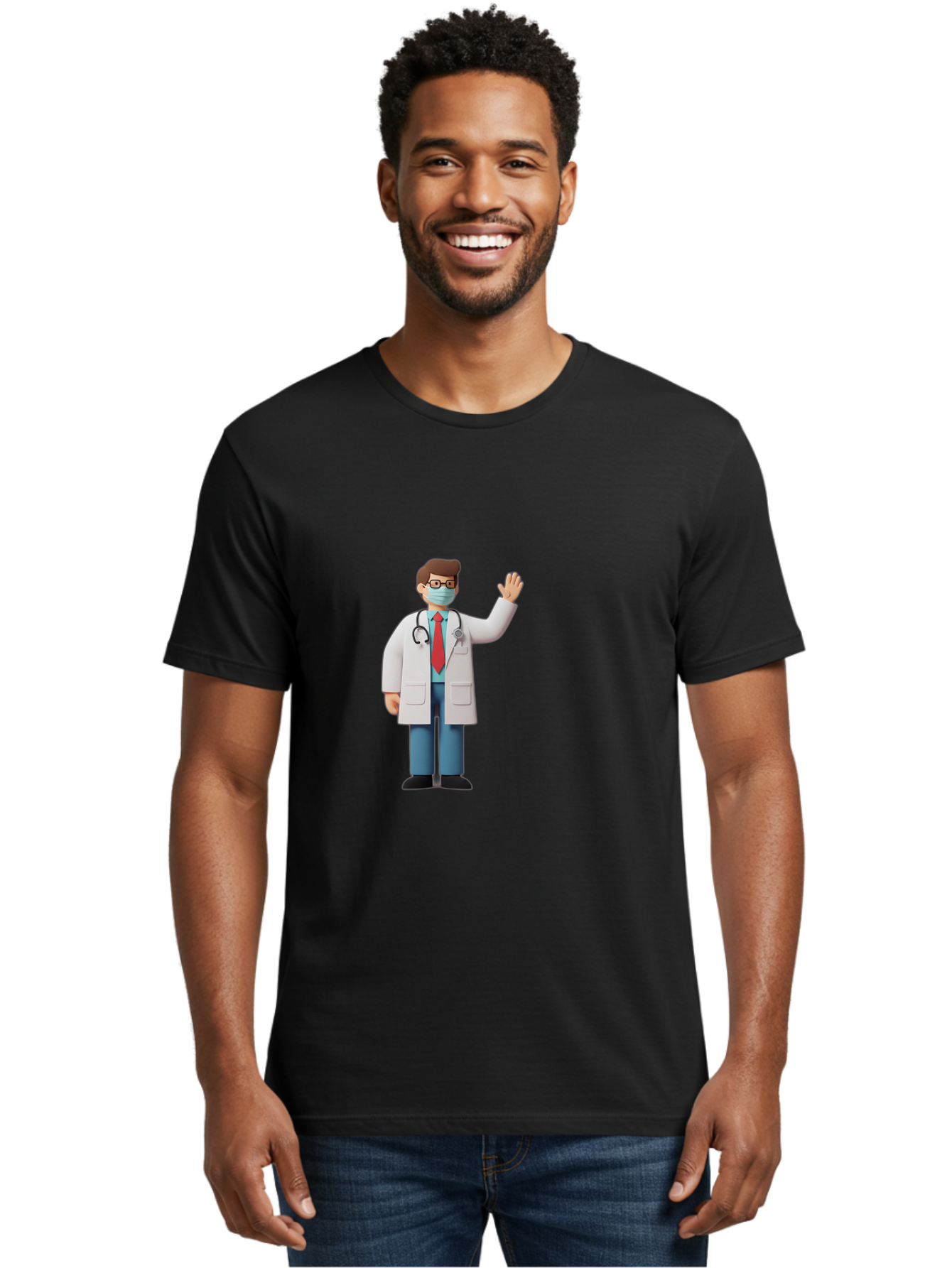 Doctor-Waving-3 Men'S Graphic Tee, 100% Cotton, Comfortable Casual Summer Wear, Machine Washable, Doctor Wearing A Mask, Waving Hand, Medical Professional, Healthcare Worker, Stethoscope Around Neck, Friendly Gesture, Cartoon Style, Baa486