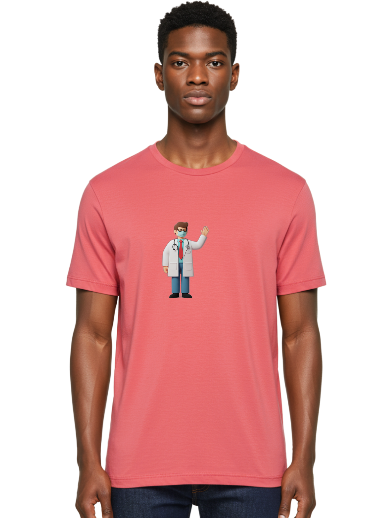 Doctor-Waving-3 Men'S Graphic Tee, 100% Cotton, Comfortable Casual Summer Wear, Machine Washable, Doctor Wearing A Mask, Waving Hand, Medical Professional, Healthcare Worker, Stethoscope Around Neck, Friendly Gesture, Cartoon Style, Baa486
