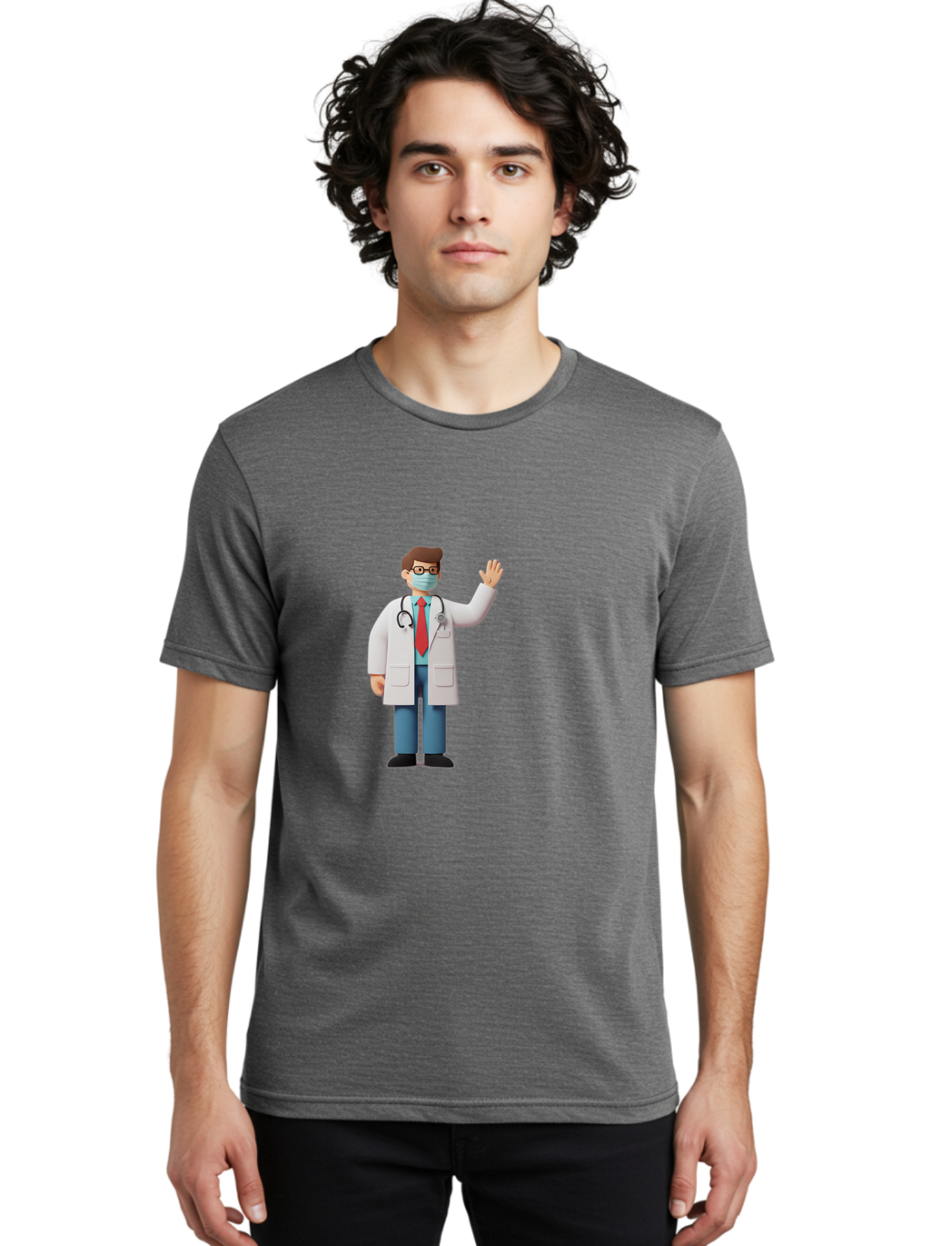 Doctor-Waving-3 Men'S Graphic Tee, 100% Cotton, Comfortable Casual Summer Wear, Machine Washable, Doctor Wearing A Mask, Waving Hand, Medical Professional, Healthcare Worker, Stethoscope Around Neck, Friendly Gesture, Cartoon Style, Baa486