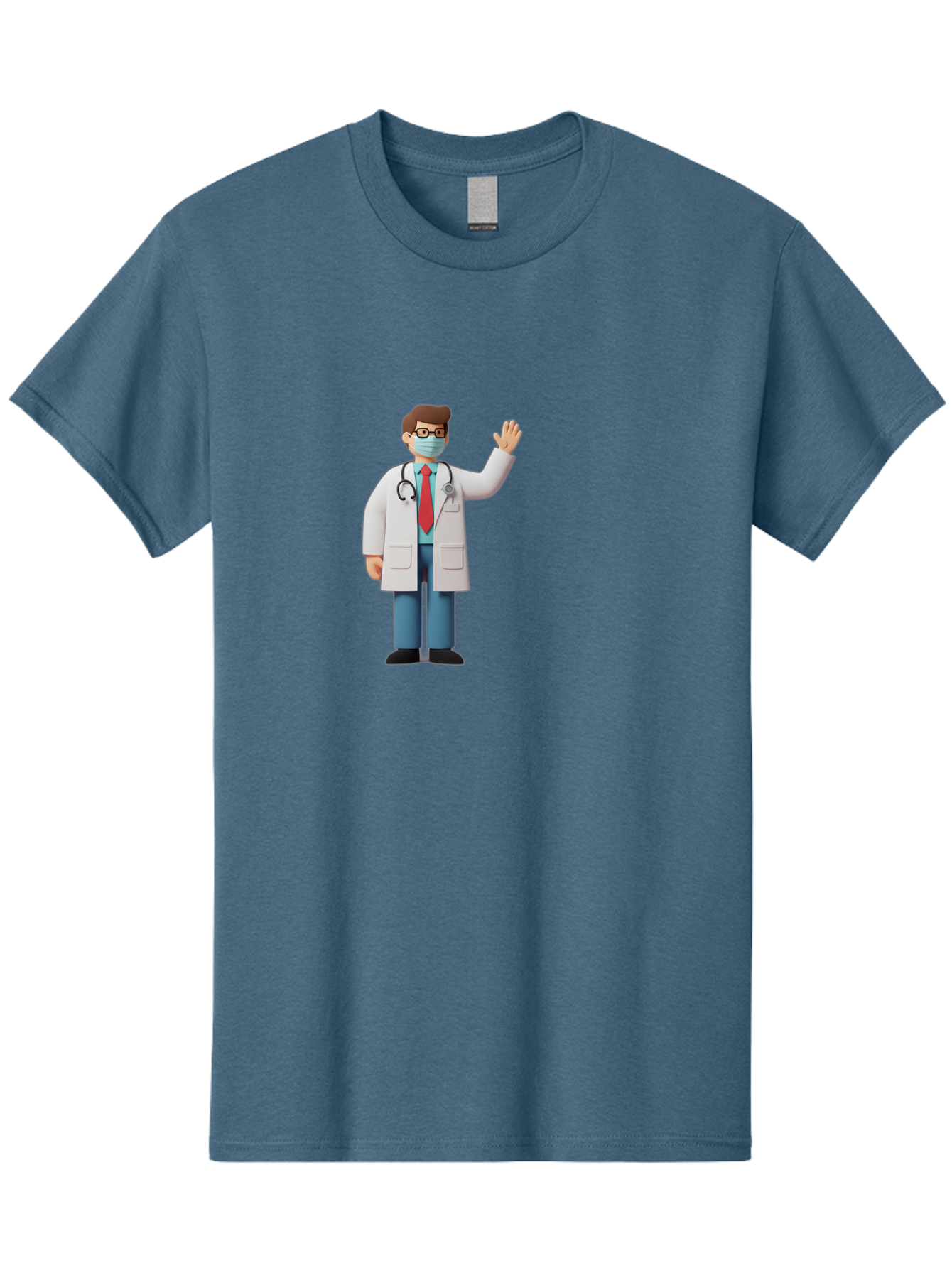 Doctor-Waving-3 Men'S Graphic Tee, 100% Cotton, Comfortable Casual Summer Wear, Machine Washable, Doctor Wearing A Mask, Waving Hand, Medical Professional, Healthcare Worker, Stethoscope Around Neck, Friendly Gesture, Cartoon Style, Baa486