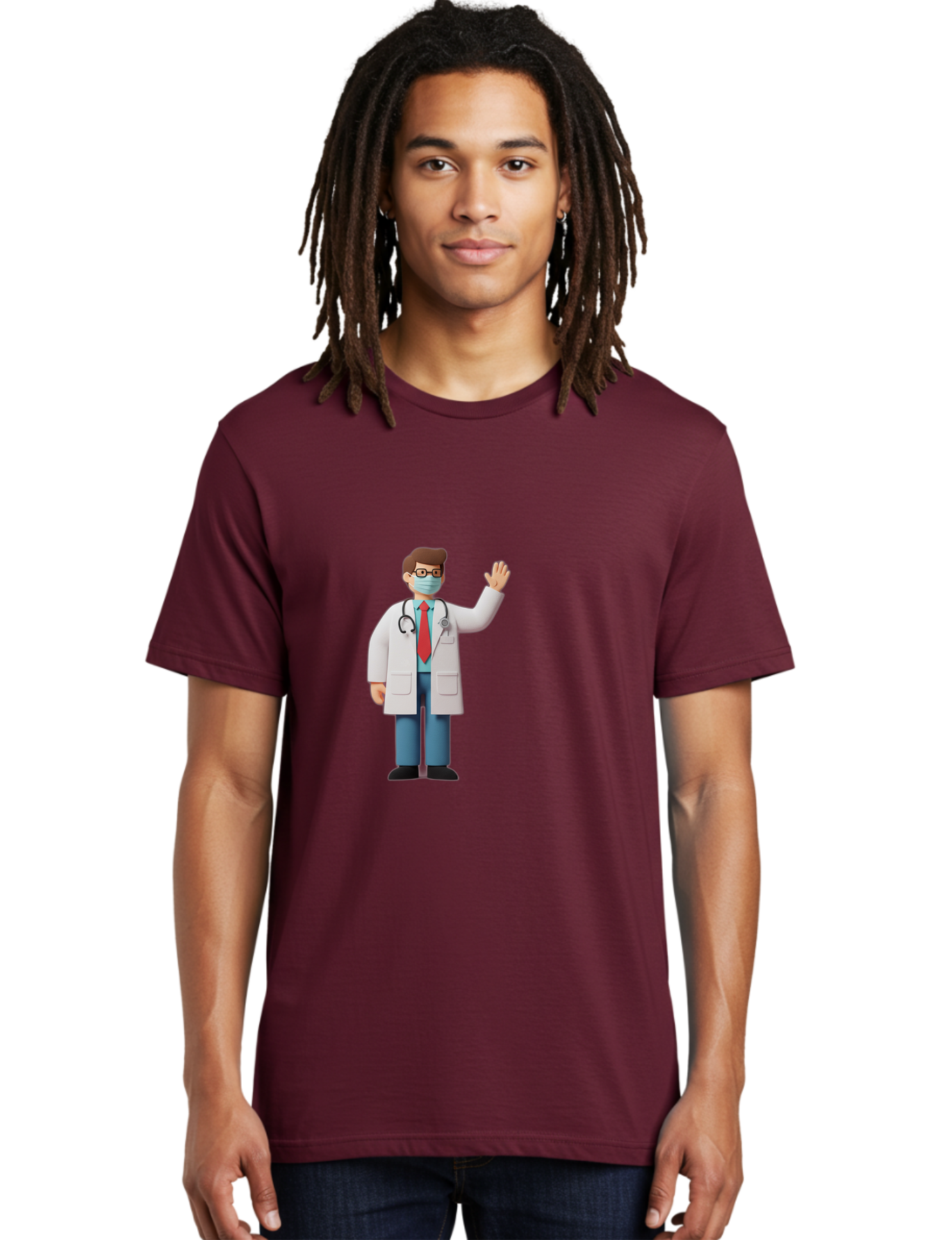 Doctor-Waving-3 Men'S Graphic Tee, 100% Cotton, Comfortable Casual Summer Wear, Machine Washable, Doctor Wearing A Mask, Waving Hand, Medical Professional, Healthcare Worker, Stethoscope Around Neck, Friendly Gesture, Cartoon Style, Baa486