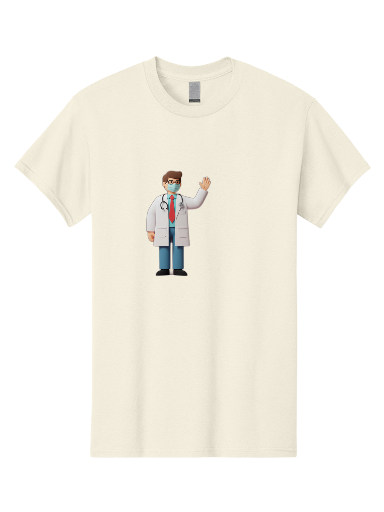 Doctor-Waving-3 Men'S Graphic Tee, 100% Cotton, Comfortable Casual Summer Wear, Machine Washable, Doctor Wearing A Mask, Waving Hand, Medical Professional, Healthcare Worker, Stethoscope Around Neck, Friendly Gesture, Cartoon Style, Baa486