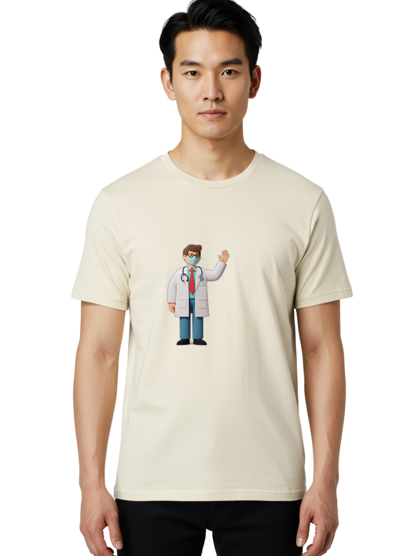 Doctor-Waving-3 Men'S Graphic Tee, 100% Cotton, Comfortable Casual Summer Wear, Machine Washable, Doctor Wearing A Mask, Waving Hand, Medical Professional, Healthcare Worker, Stethoscope Around Neck, Friendly Gesture, Cartoon Style, Baa486