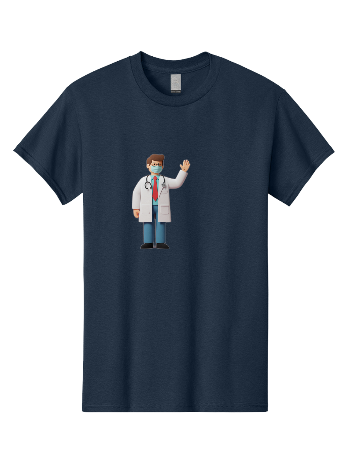 Doctor-Waving-3 Men'S Graphic Tee, 100% Cotton, Comfortable Casual Summer Wear, Machine Washable, Doctor Wearing A Mask, Waving Hand, Medical Professional, Healthcare Worker, Stethoscope Around Neck, Friendly Gesture, Cartoon Style, Baa486