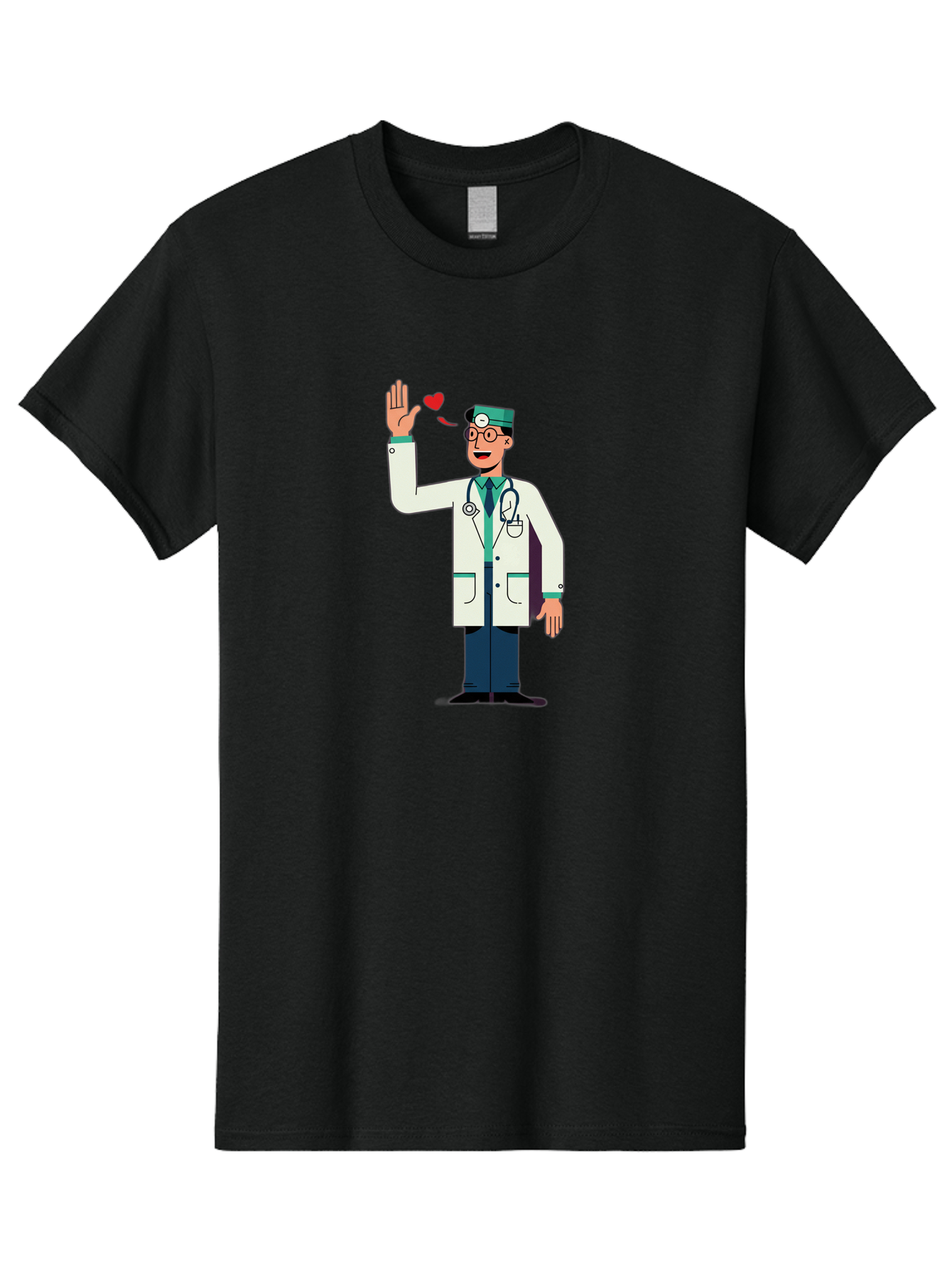 Doctor-Waving-4 Men'S Graphic Tee, 100% Cotton, Comfortable Casual Summer Wear, Machine Washable, Cartoon Doctor, Medical Professional, Friendly Doctor, Stethoscope Around Neck, Waving Hand, Heart Symbol, Welcoming Gesture, Medical Care, Baa487