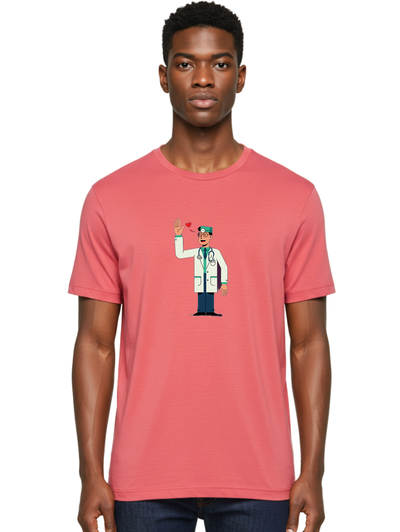 Doctor-Waving-4 Men'S Graphic Tee, 100% Cotton, Comfortable Casual Summer Wear, Machine Washable, Cartoon Doctor, Medical Professional, Friendly Doctor, Stethoscope Around Neck, Waving Hand, Heart Symbol, Welcoming Gesture, Medical Care, Baa487