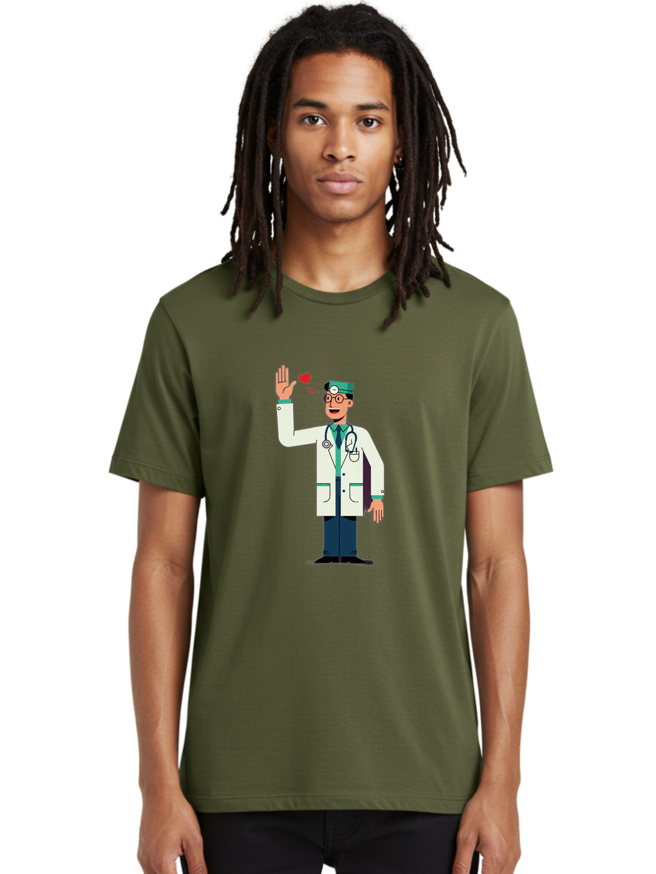 Doctor-Waving-4 Men'S Graphic Tee, 100% Cotton, Comfortable Casual Summer Wear, Machine Washable, Cartoon Doctor, Medical Professional, Friendly Doctor, Stethoscope Around Neck, Waving Hand, Heart Symbol, Welcoming Gesture, Medical Care, Baa487