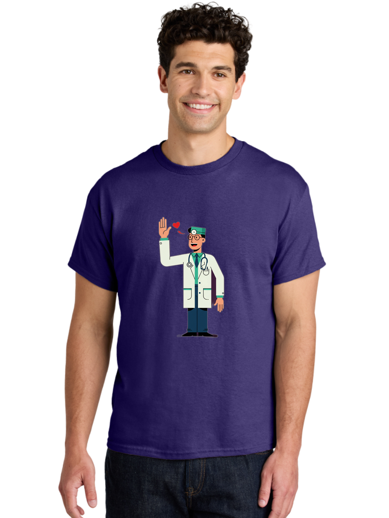 Doctor-Waving-4 Men'S Graphic Tee, 100% Cotton, Comfortable Casual Summer Wear, Machine Washable, Cartoon Doctor, Medical Professional, Friendly Doctor, Stethoscope Around Neck, Waving Hand, Heart Symbol, Welcoming Gesture, Medical Care, Baa487