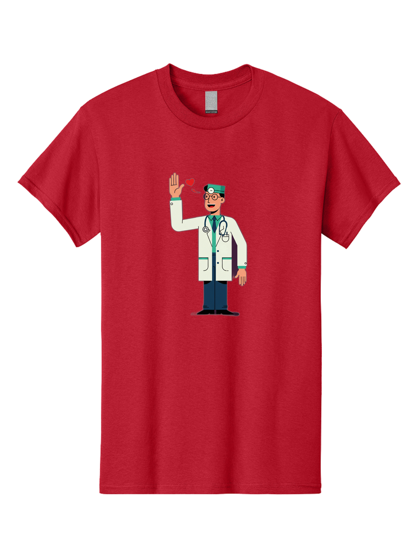 Doctor-Waving-4 Men'S Graphic Tee, 100% Cotton, Comfortable Casual Summer Wear, Machine Washable, Cartoon Doctor, Medical Professional, Friendly Doctor, Stethoscope Around Neck, Waving Hand, Heart Symbol, Welcoming Gesture, Medical Care, Baa487