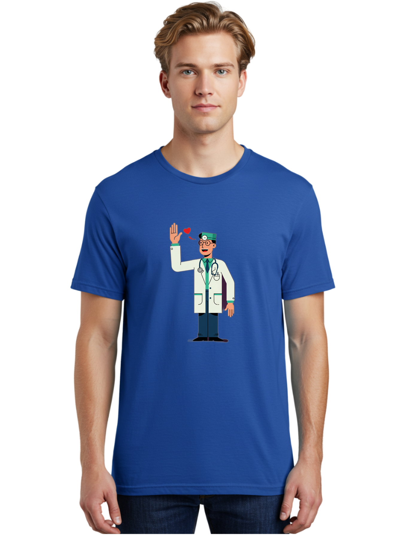 Doctor-Waving-4 Men'S Graphic Tee, 100% Cotton, Comfortable Casual Summer Wear, Machine Washable, Cartoon Doctor, Medical Professional, Friendly Doctor, Stethoscope Around Neck, Waving Hand, Heart Symbol, Welcoming Gesture, Medical Care, Baa487