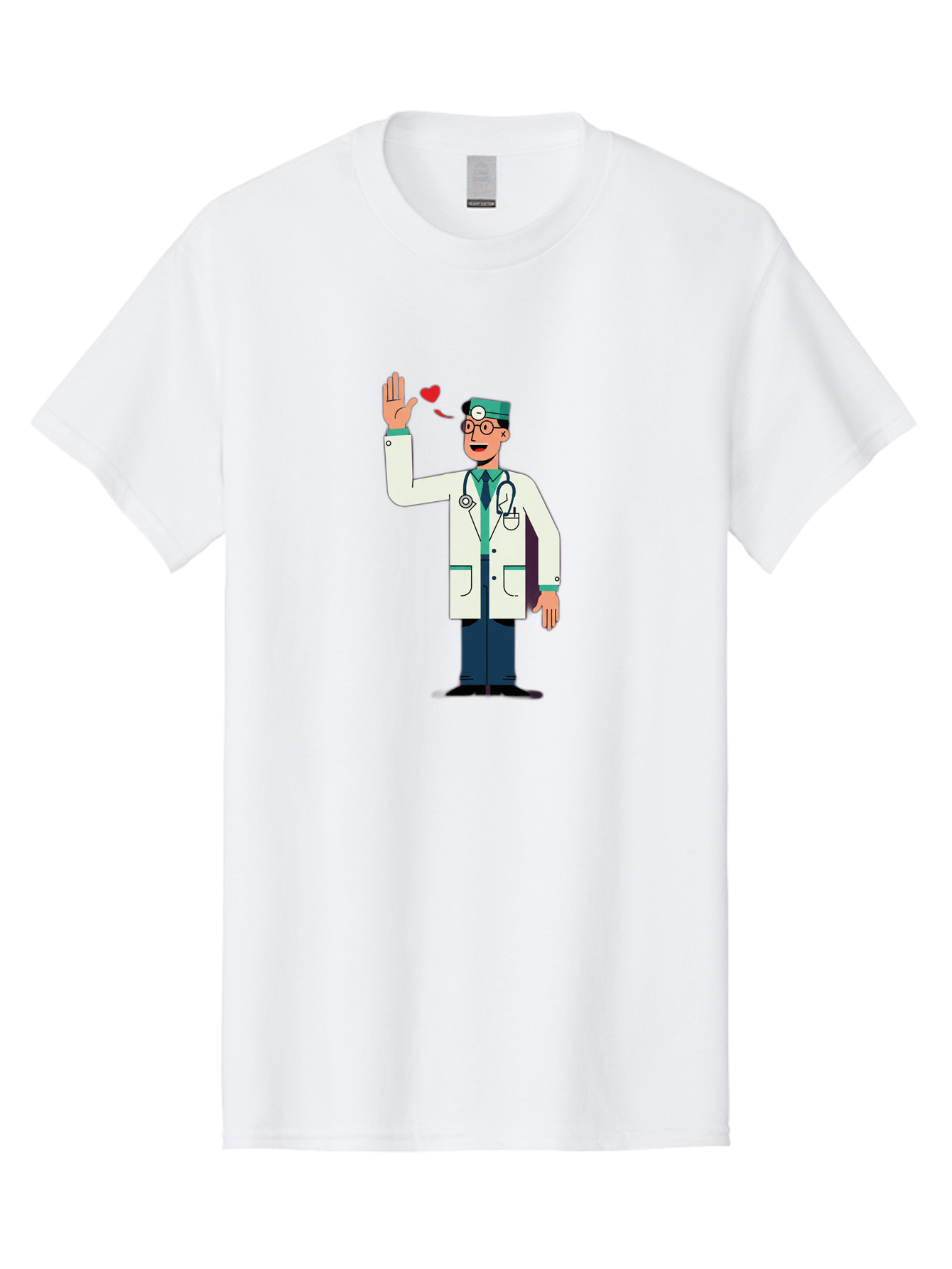 Doctor-Waving-4 Men'S Graphic Tee, 100% Cotton, Comfortable Casual Summer Wear, Machine Washable, Cartoon Doctor, Medical Professional, Friendly Doctor, Stethoscope Around Neck, Waving Hand, Heart Symbol, Welcoming Gesture, Medical Care, Baa487