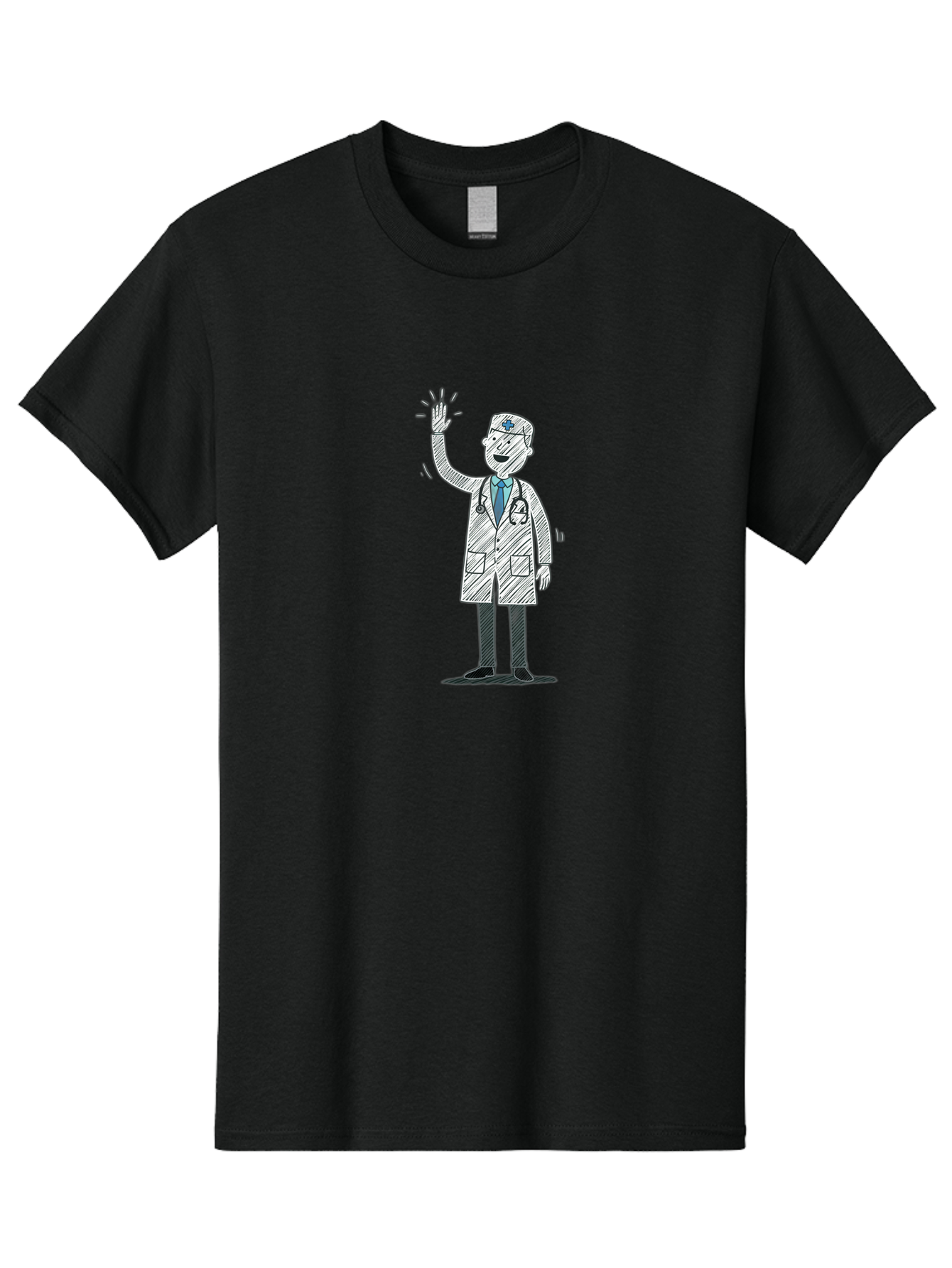 Doctor-Waving Men'S Graphic Tee, 100% Cotton, Comfortable Casual Summer Wear, Machine Washable, Doctor Waving, Medical Professional, Stethoscope, Friendly Greeting, Healthcare Worker, Cartoon Illustration, Waving Hand Baa488