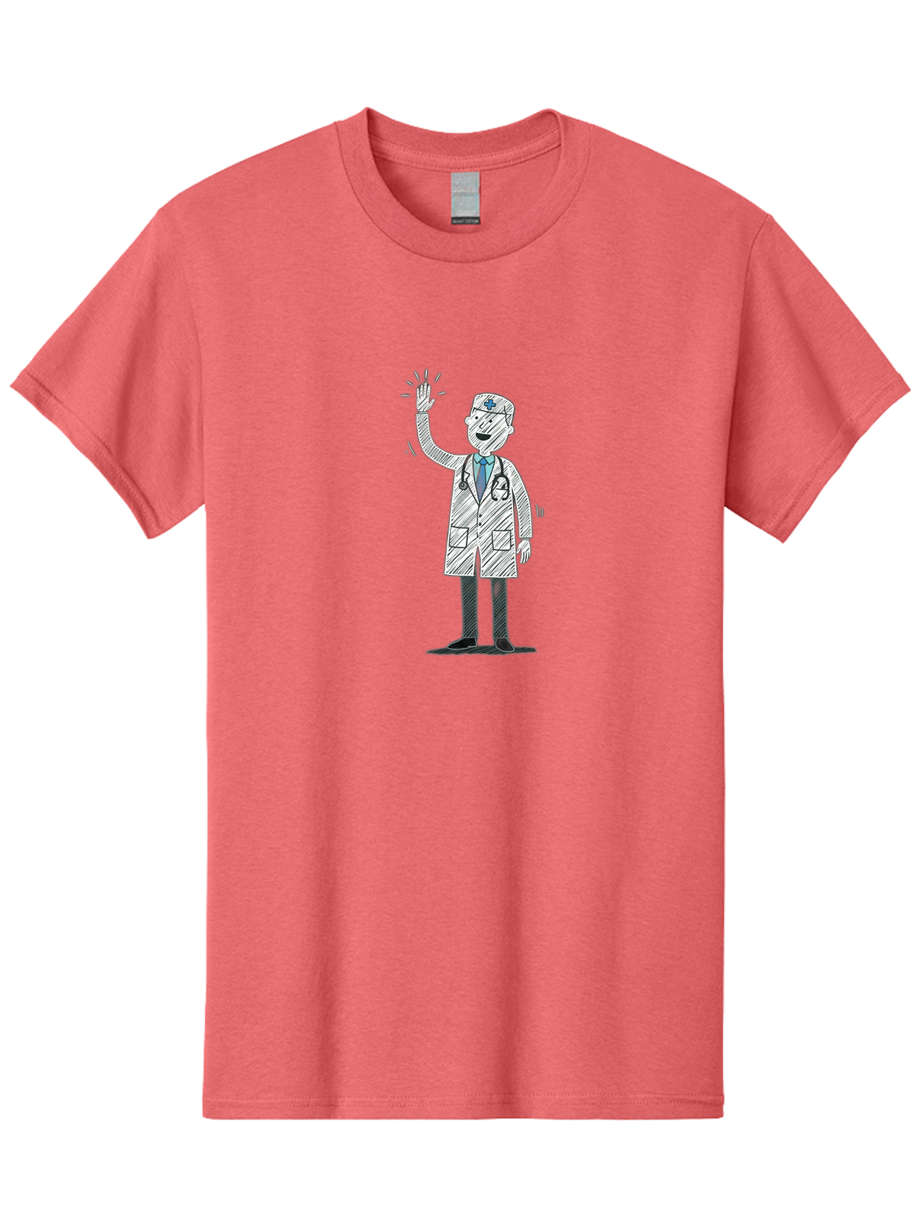 Doctor-Waving Men'S Graphic Tee, 100% Cotton, Comfortable Casual Summer Wear, Machine Washable, Doctor Waving, Medical Professional, Stethoscope, Friendly Greeting, Healthcare Worker, Cartoon Illustration, Waving Hand Baa488