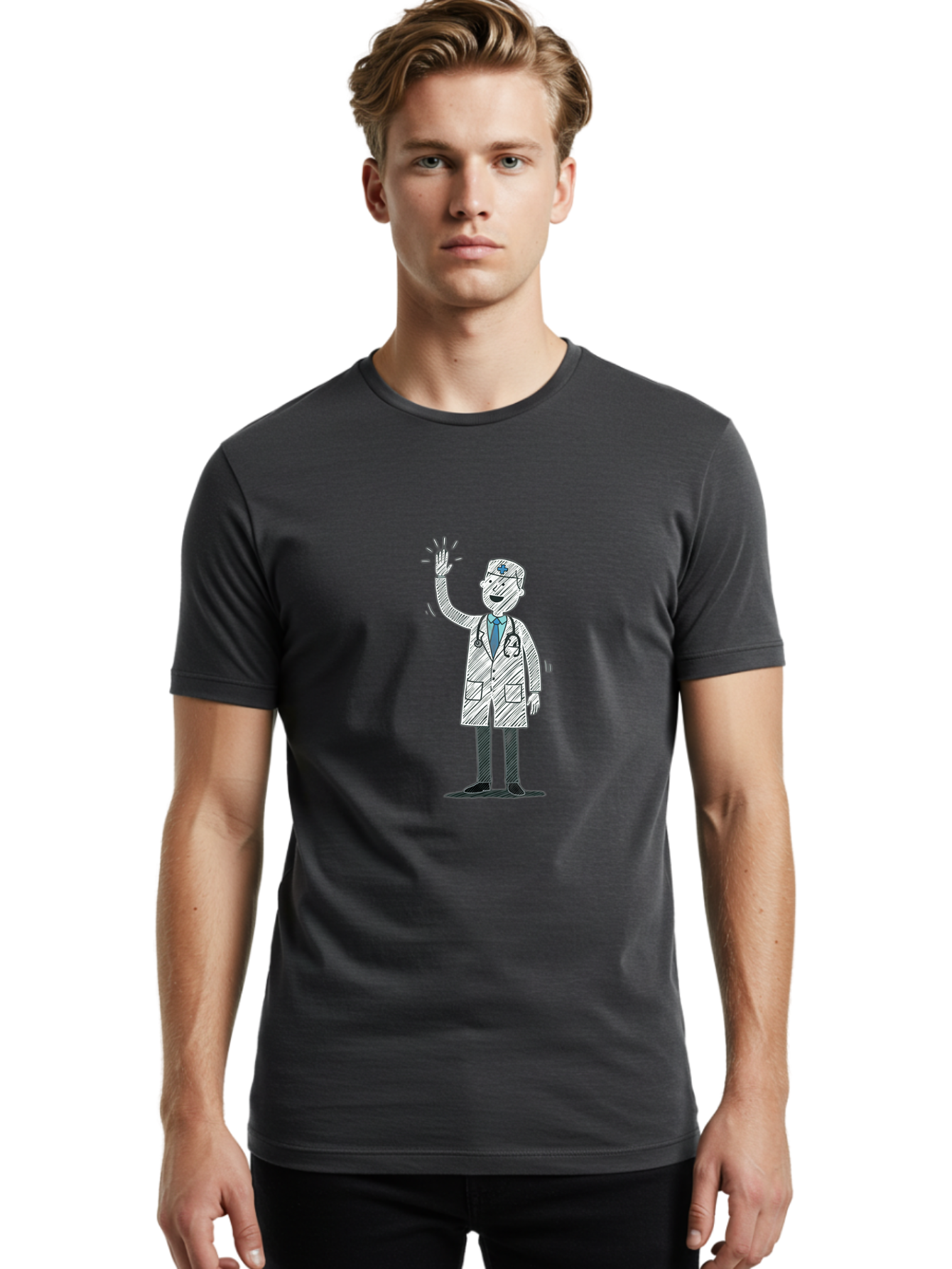 Doctor-Waving Men'S Graphic Tee, 100% Cotton, Comfortable Casual Summer Wear, Machine Washable, Doctor Waving, Medical Professional, Stethoscope, Friendly Greeting, Healthcare Worker, Cartoon Illustration, Waving Hand Baa488