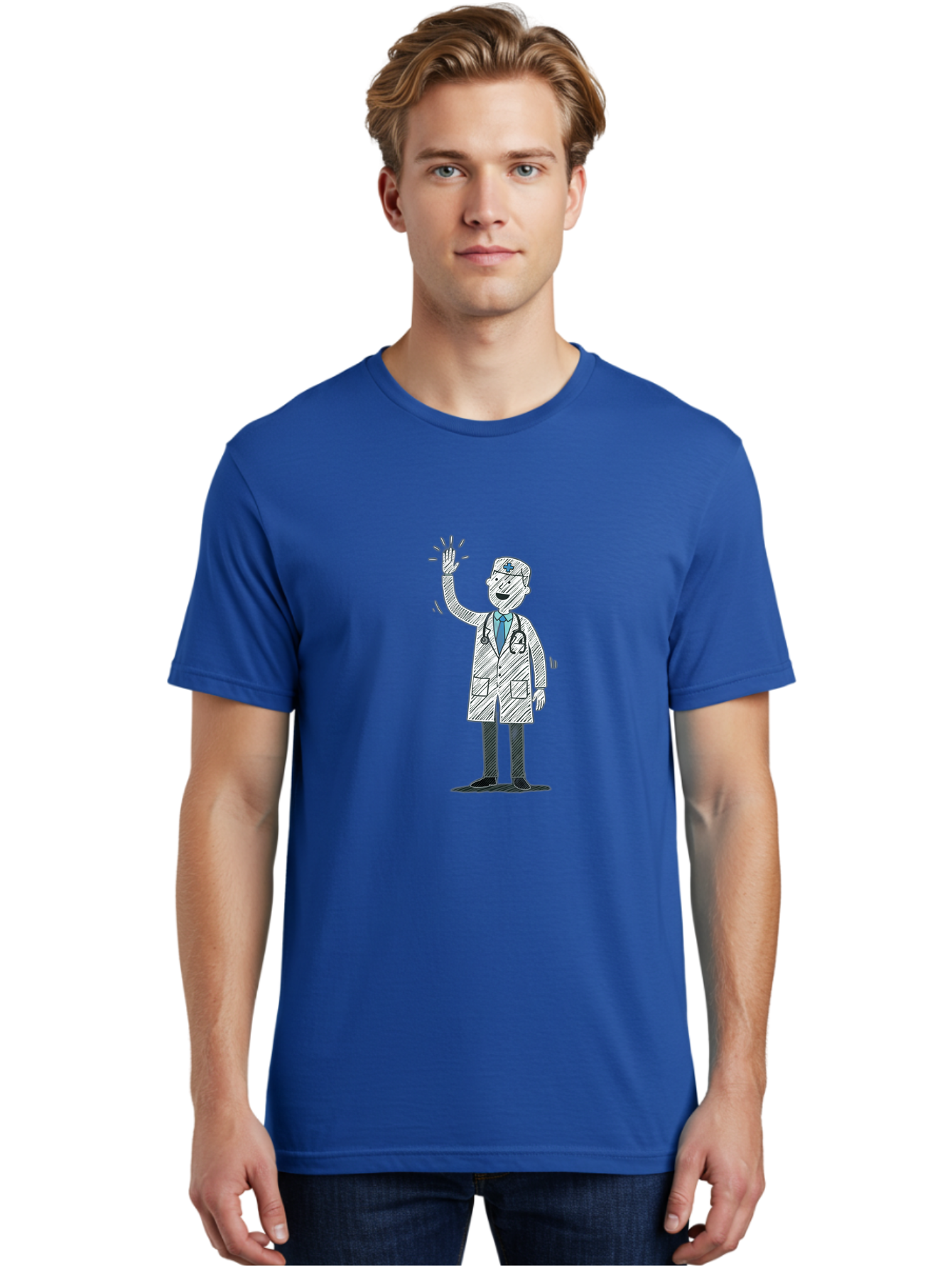 Doctor-Waving Men'S Graphic Tee, 100% Cotton, Comfortable Casual Summer Wear, Machine Washable, Doctor Waving, Medical Professional, Stethoscope, Friendly Greeting, Healthcare Worker, Cartoon Illustration, Waving Hand Baa488
