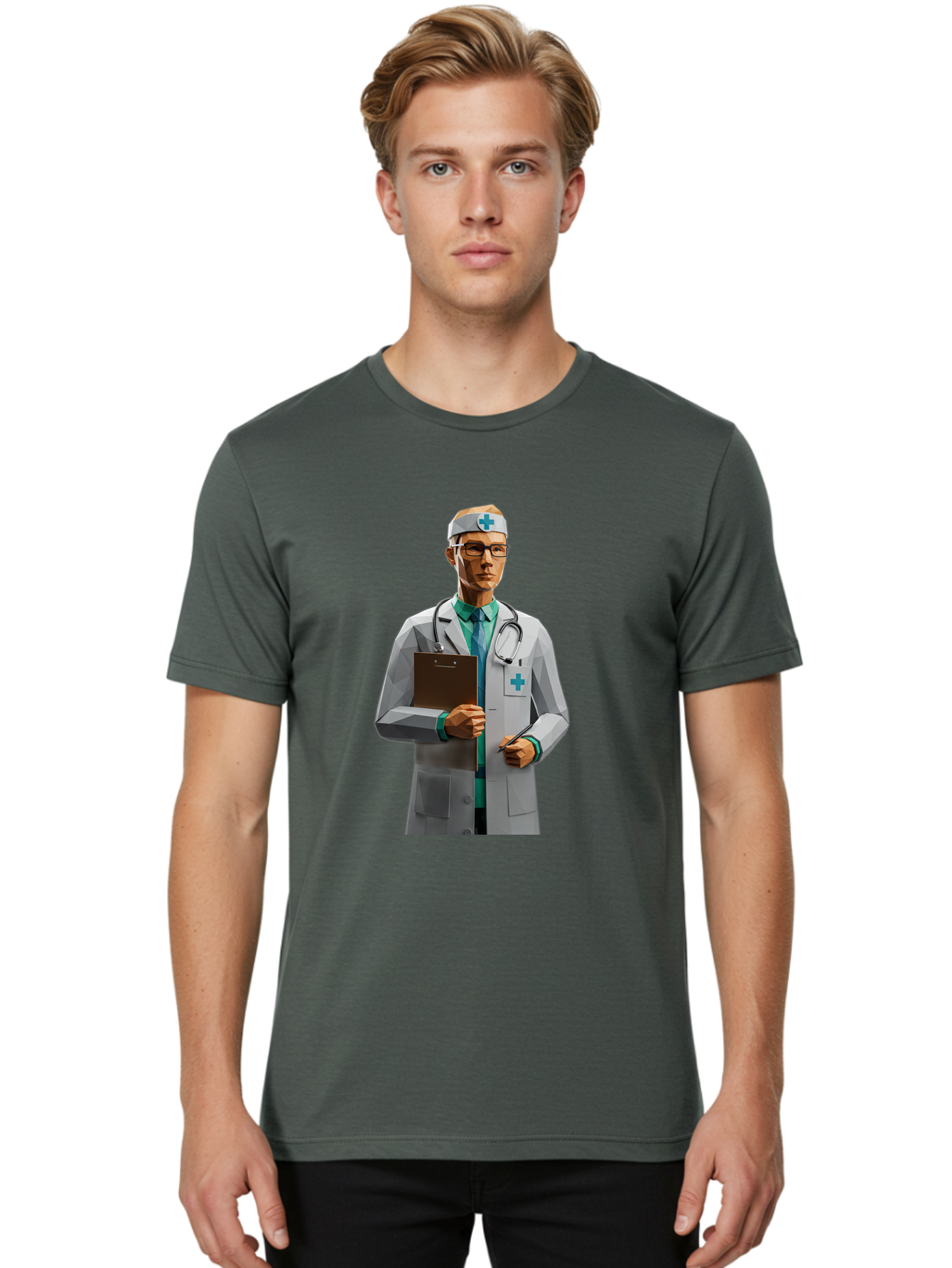 Doctor-With-Clipboard Men'S Graphic Tee, 100% Cotton, Comfortable Casual Summer Wear, Machine Washable, Male Doctor, White Lab Coat, Blue Cross, Stethoscope, Clipboard, Medical Professional, Healthcare Worker, Glasses, Serious Expression, Baa489