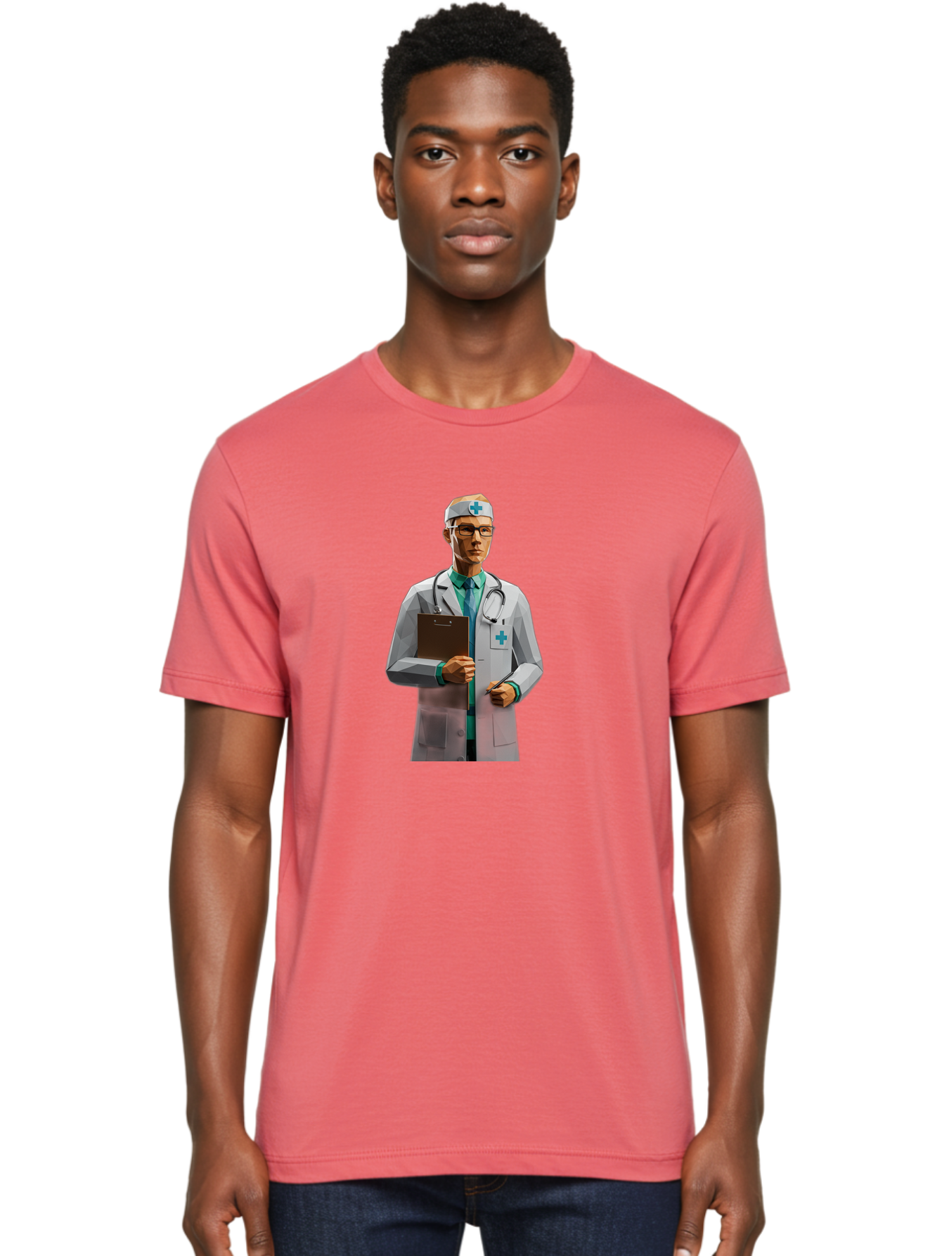Doctor-With-Clipboard Men'S Graphic Tee, 100% Cotton, Comfortable Casual Summer Wear, Machine Washable, Male Doctor, White Lab Coat, Blue Cross, Stethoscope, Clipboard, Medical Professional, Healthcare Worker, Glasses, Serious Expression, Baa489
