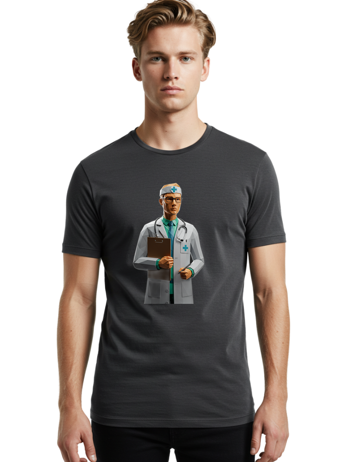 Doctor-With-Clipboard Men'S Graphic Tee, 100% Cotton, Comfortable Casual Summer Wear, Machine Washable, Male Doctor, White Lab Coat, Blue Cross, Stethoscope, Clipboard, Medical Professional, Healthcare Worker, Glasses, Serious Expression, Baa489