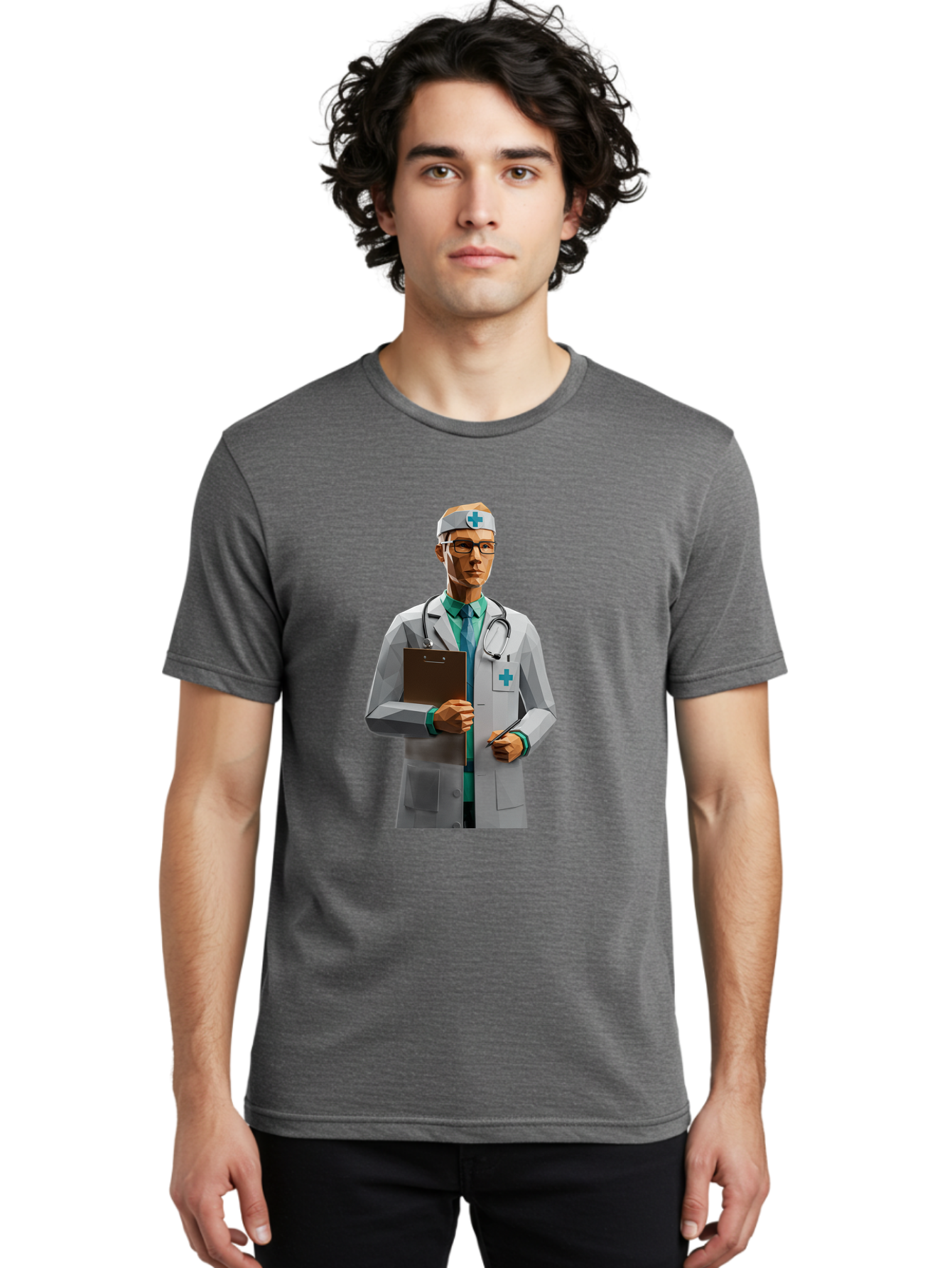 Doctor-With-Clipboard Men'S Graphic Tee, 100% Cotton, Comfortable Casual Summer Wear, Machine Washable, Male Doctor, White Lab Coat, Blue Cross, Stethoscope, Clipboard, Medical Professional, Healthcare Worker, Glasses, Serious Expression, Baa489